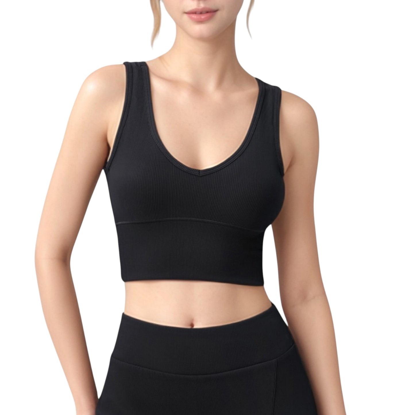 Ribbed Sports Bra with Wide Straps and Scoop Neckline for Low to Medium Impact Activities