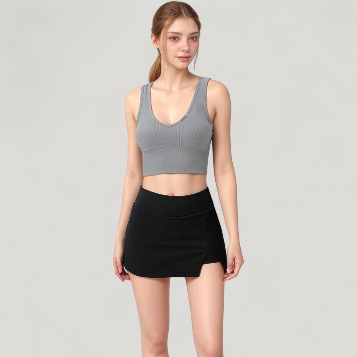 Ribbed Sports Bra with Wide Straps and Scoop Neckline for Low to Medium Impact Activities