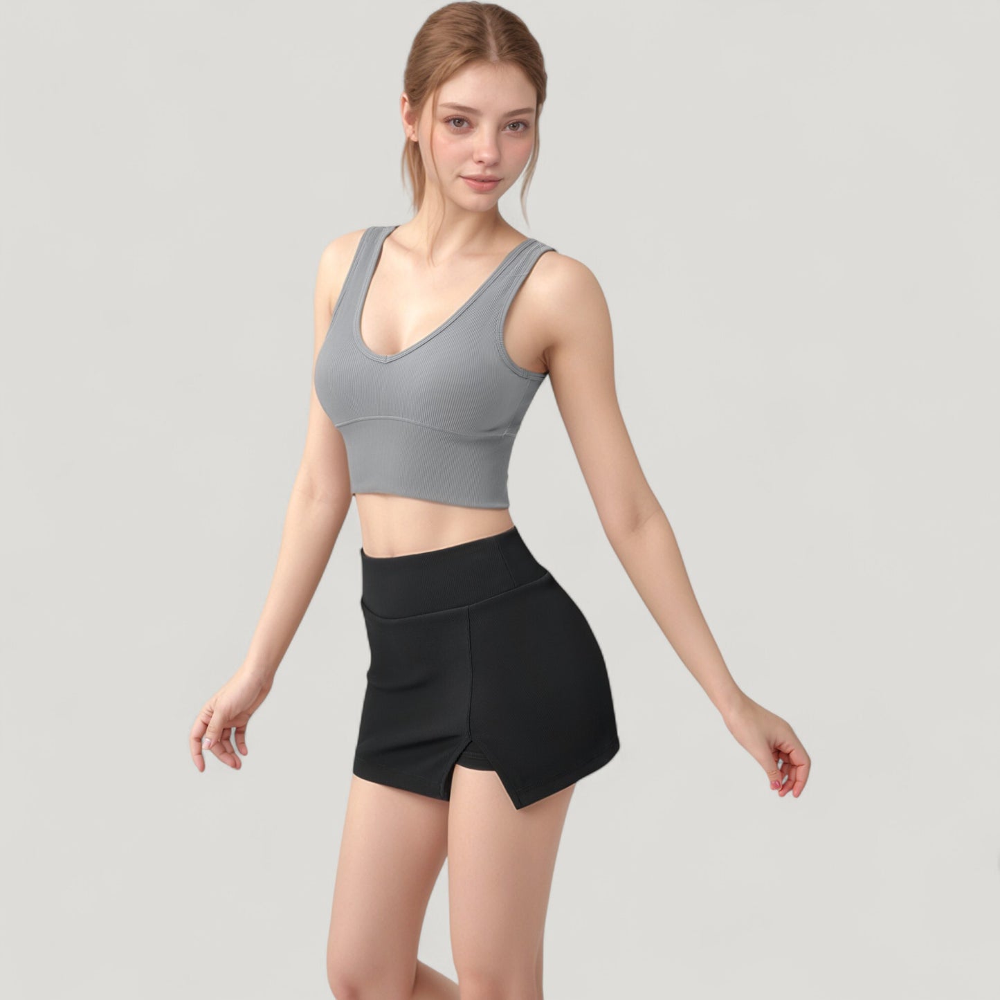 Ribbed Sports Bra with Wide Straps and Scoop Neckline for Low to Medium Impact Activities