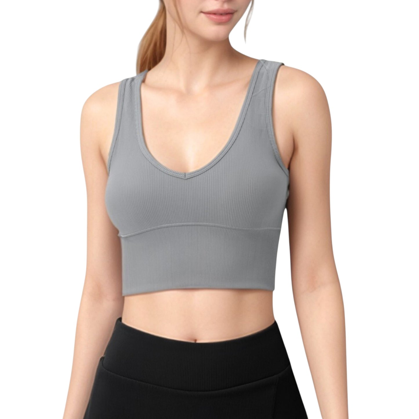 Ribbed Sports Bra with Wide Straps and Scoop Neckline for Low to Medium Impact Activities