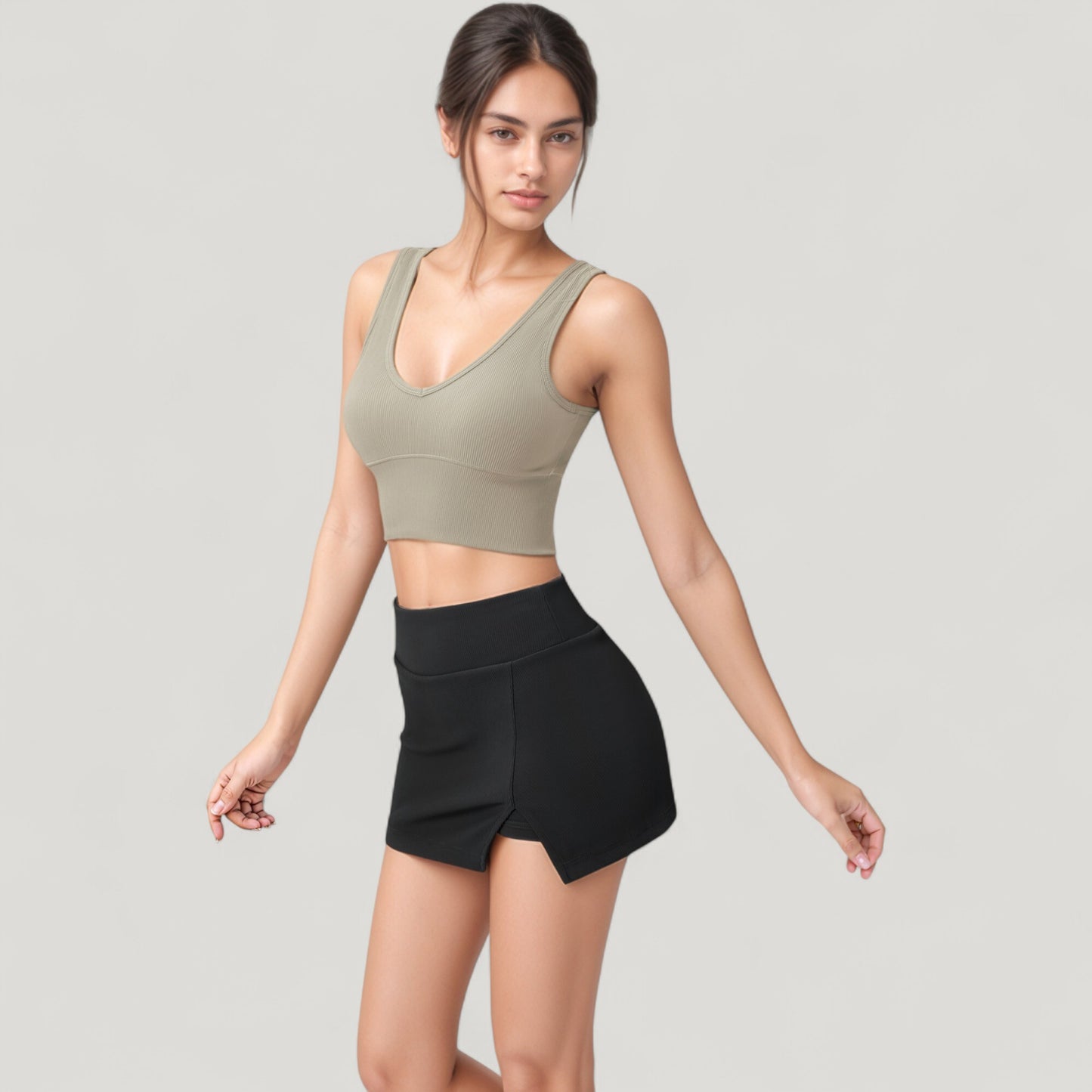 Ribbed Sports Bra with Wide Straps and Scoop Neckline for Low to Medium Impact Activities