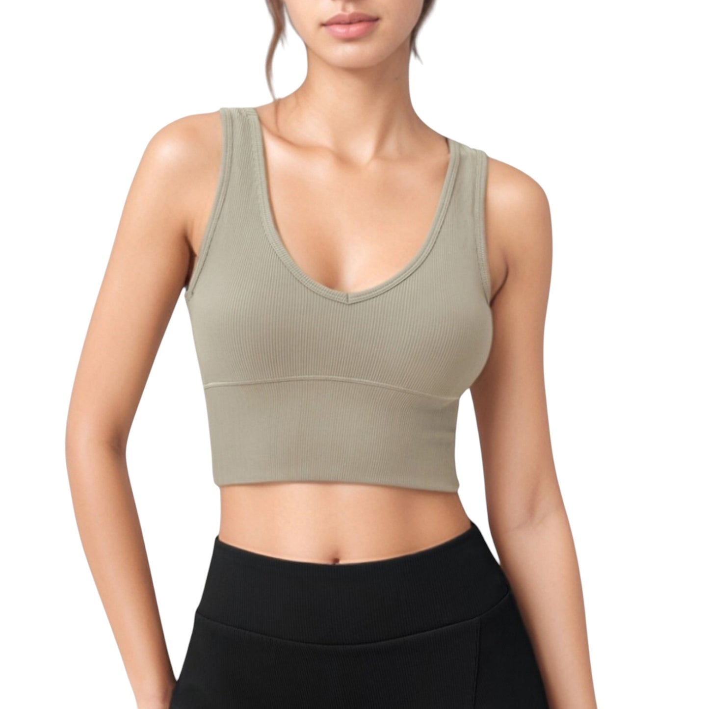 Ribbed Sports Bra with Wide Straps and Scoop Neckline for Low to Medium Impact Activities