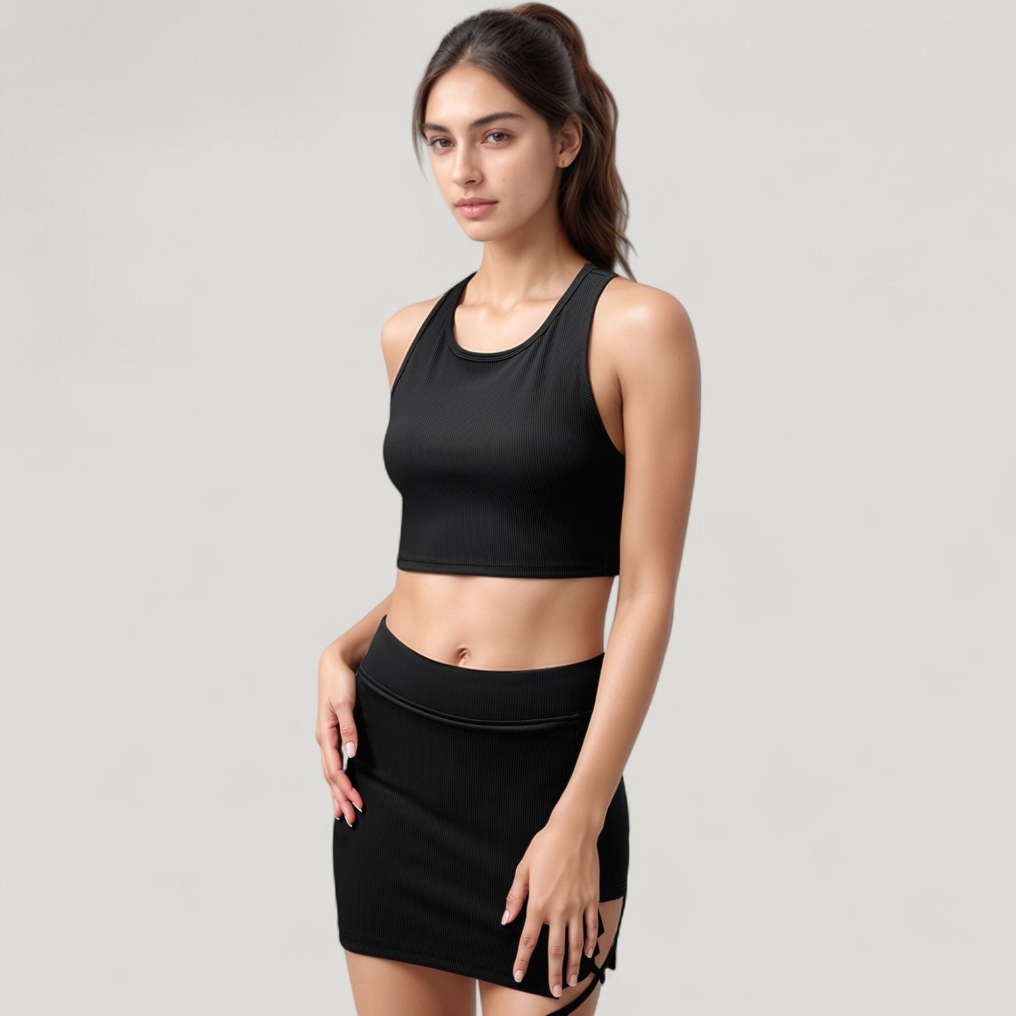 High Neck Ribbed Sports Bra with Longline Fit and Wide Strap Support for Low to Medium Impact Workouts