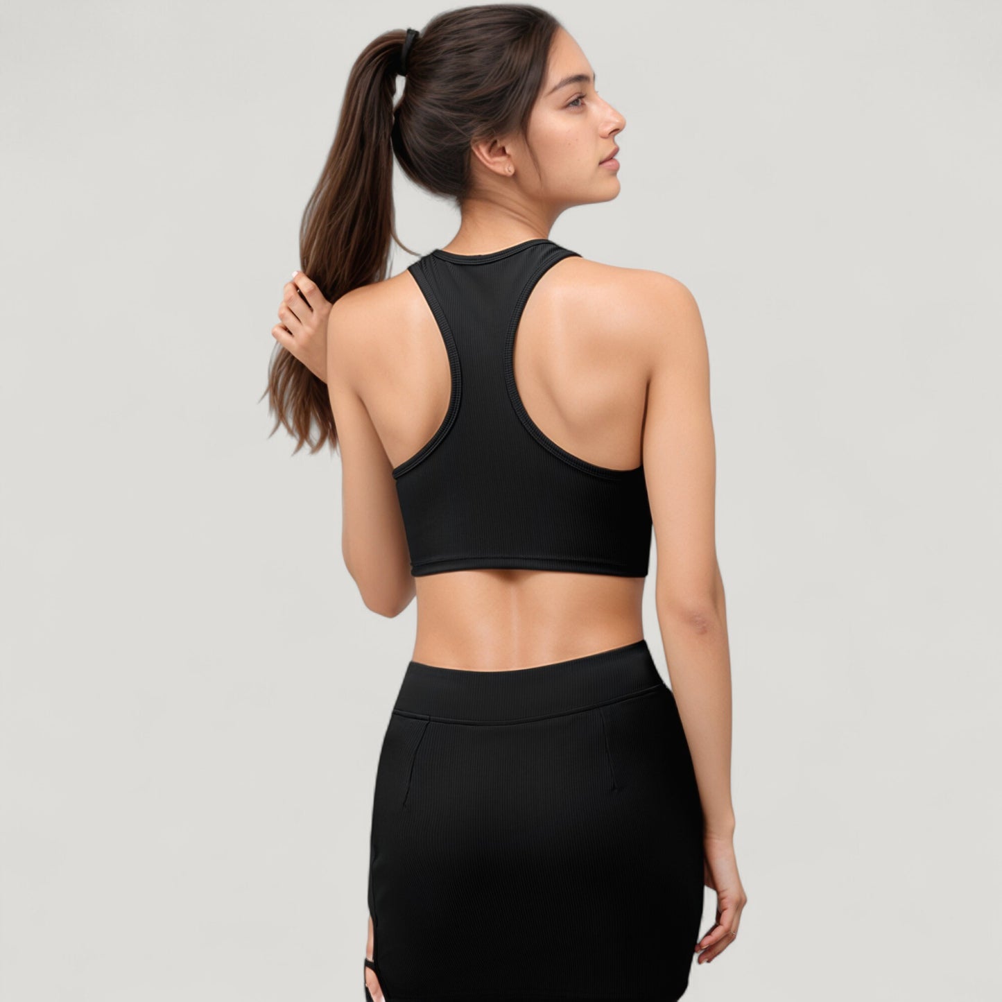 High Neck Ribbed Sports Bra with Longline Fit and Wide Strap Support for Low to Medium Impact Workouts