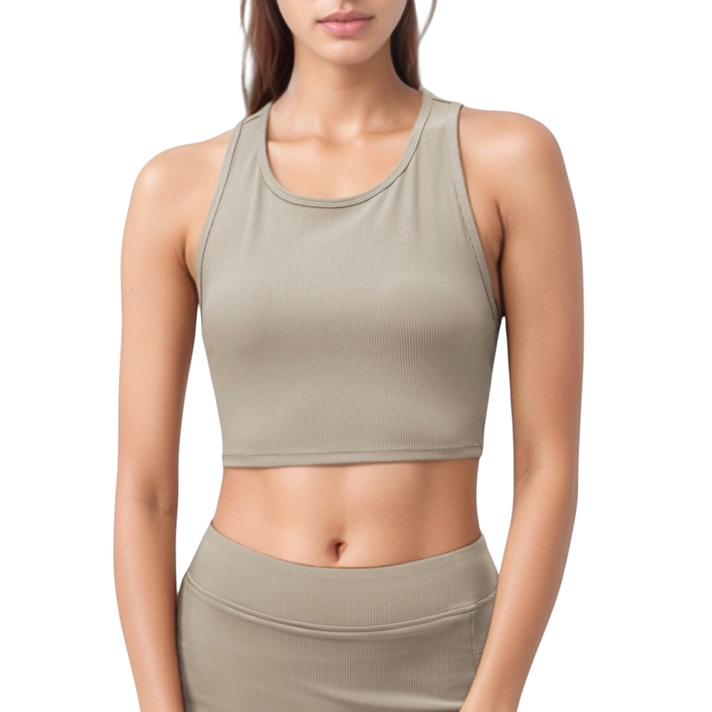 High Neck Ribbed Sports Bra with Longline Fit and Wide Strap Support for Low to Medium Impact Workouts