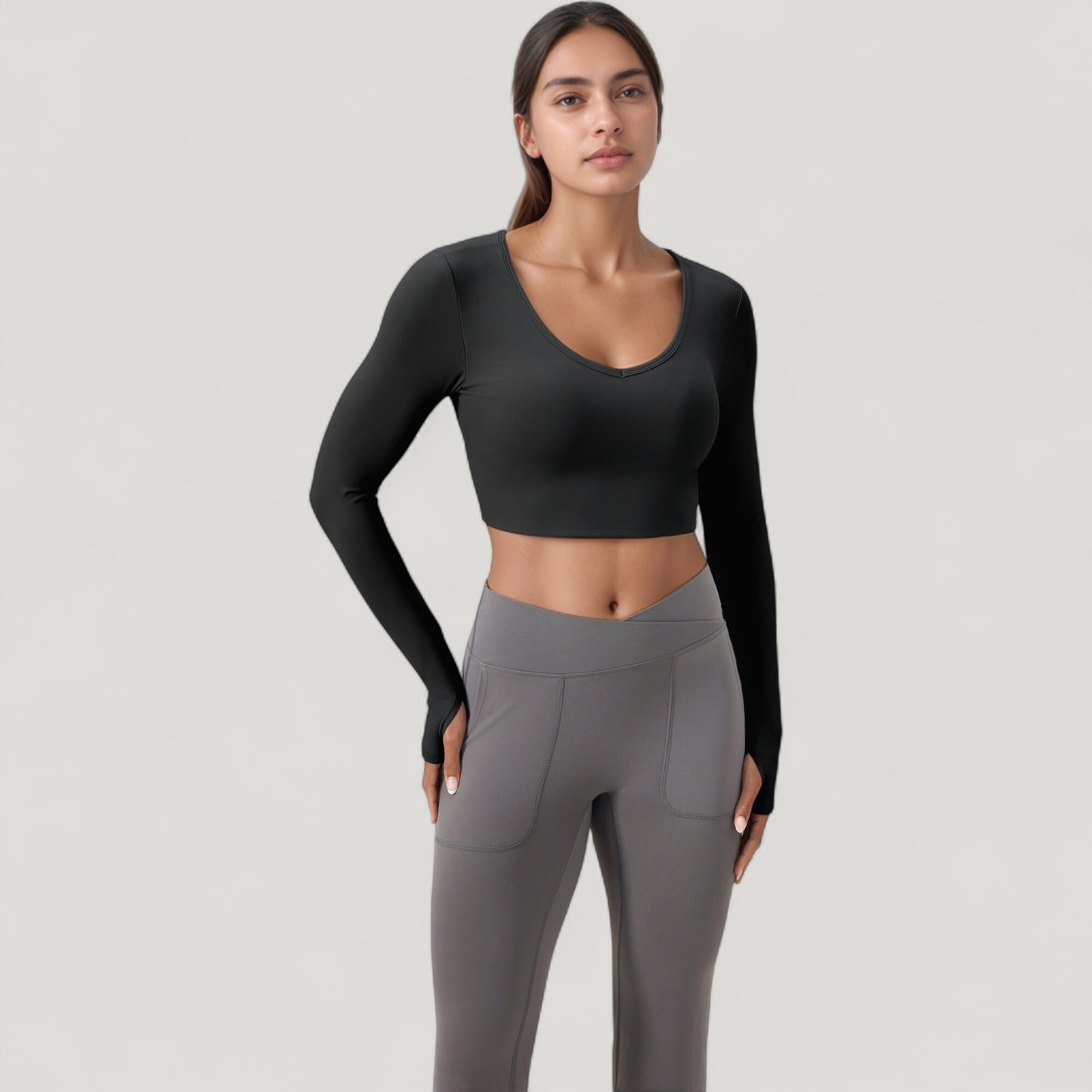 Long Sleeve V-Neck Cropped Active Top with Thumbhole Cuffs and Stretch Fit for Workouts