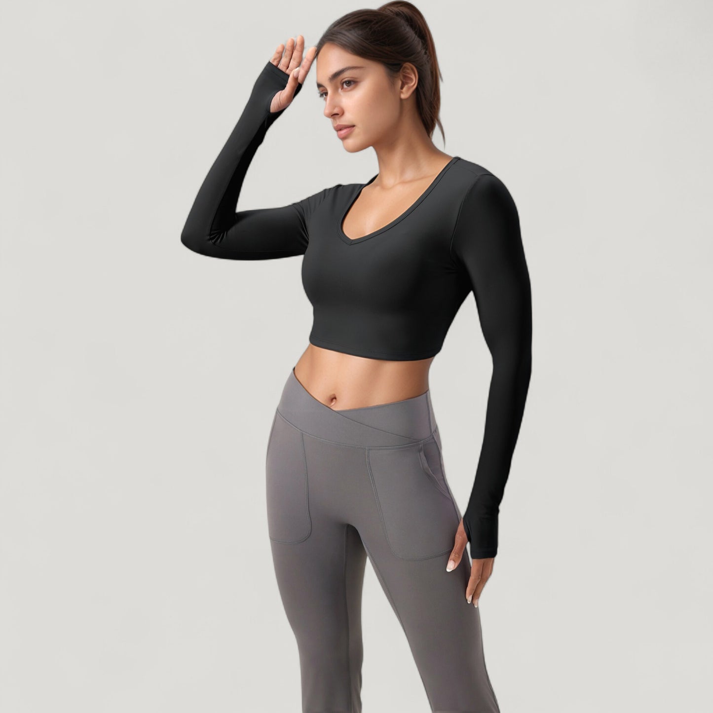 Long Sleeve V-Neck Cropped Active Top with Thumbhole Cuffs and Stretch Fit for Workouts