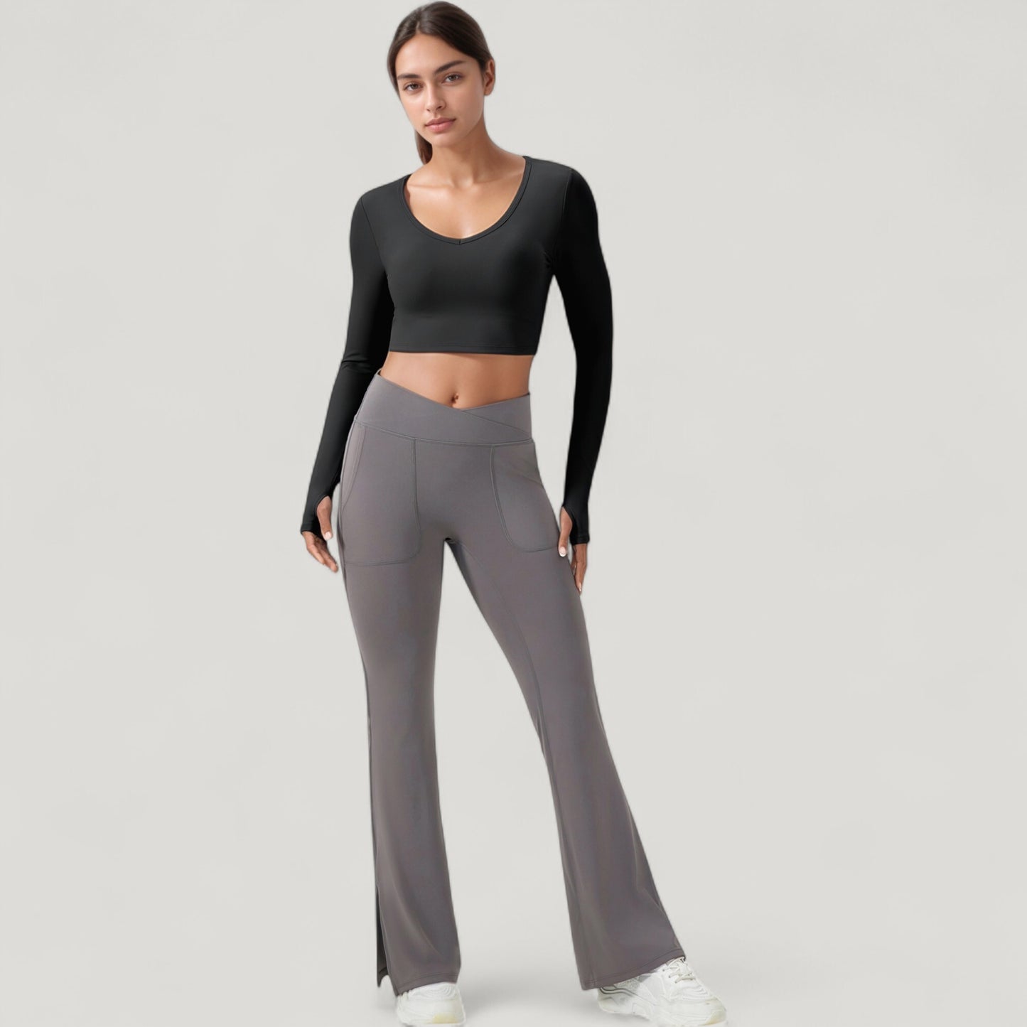 Long Sleeve V-Neck Cropped Active Top with Thumbhole Cuffs and Stretch Fit for Workouts
