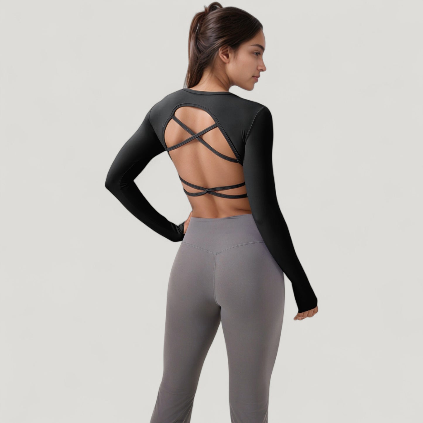 Long Sleeve V-Neck Cropped Active Top with Thumbhole Cuffs and Stretch Fit for Workouts