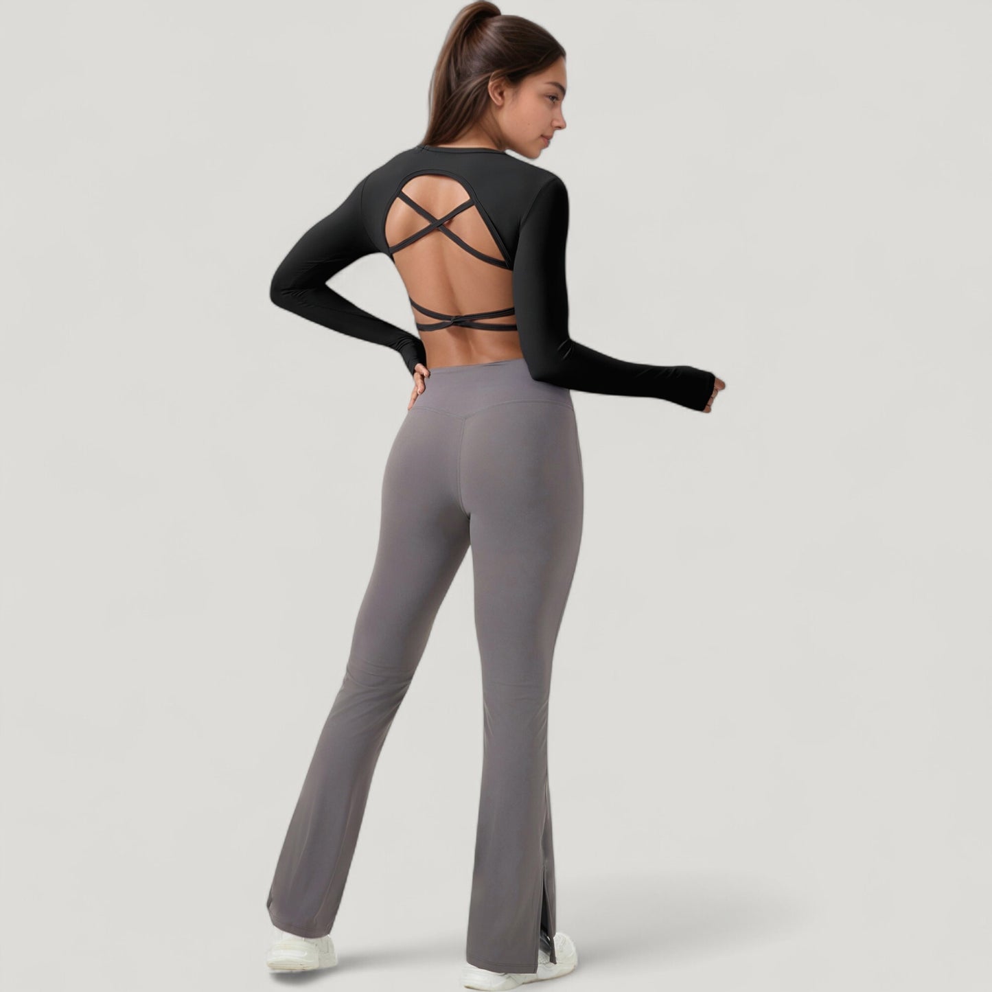 Long Sleeve V-Neck Cropped Active Top with Thumbhole Cuffs and Stretch Fit for Workouts