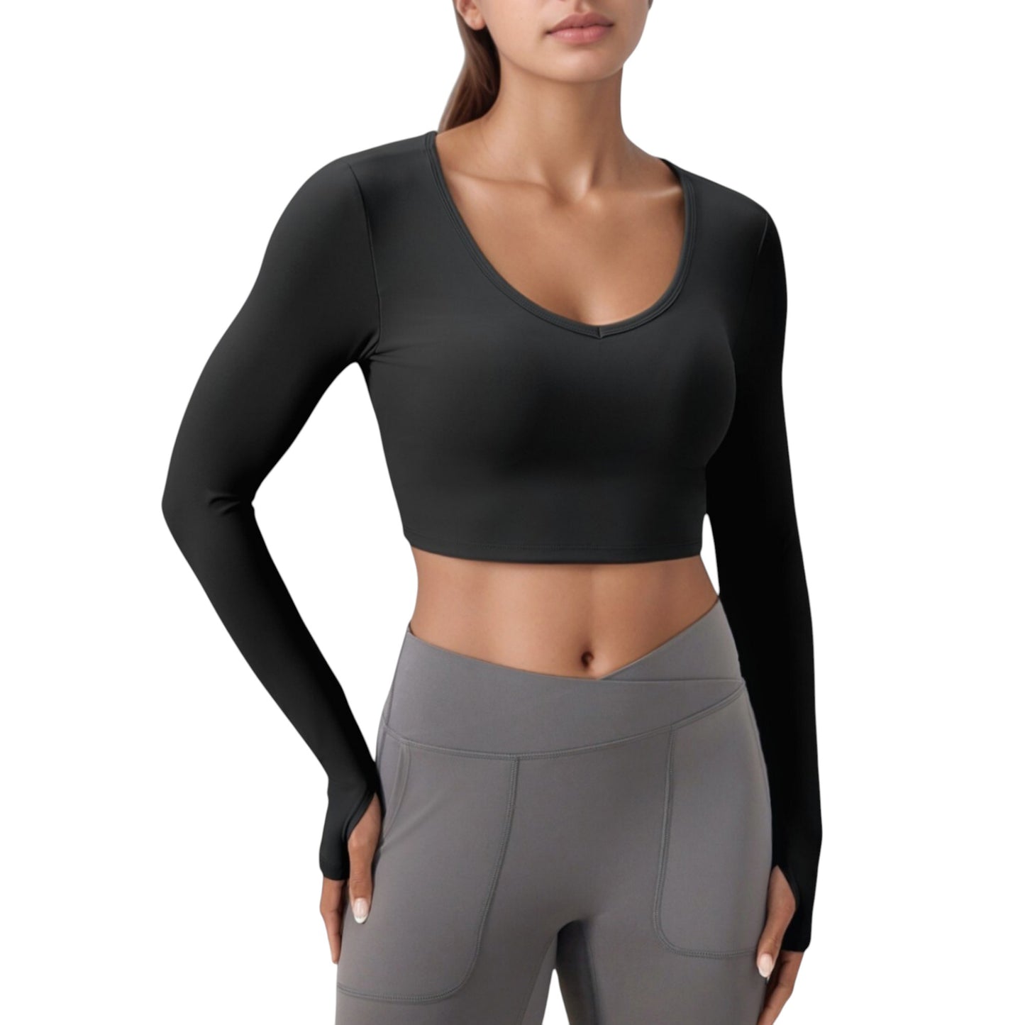 Long Sleeve V-Neck Cropped Active Top with Thumbhole Cuffs and Stretch Fit for Workouts