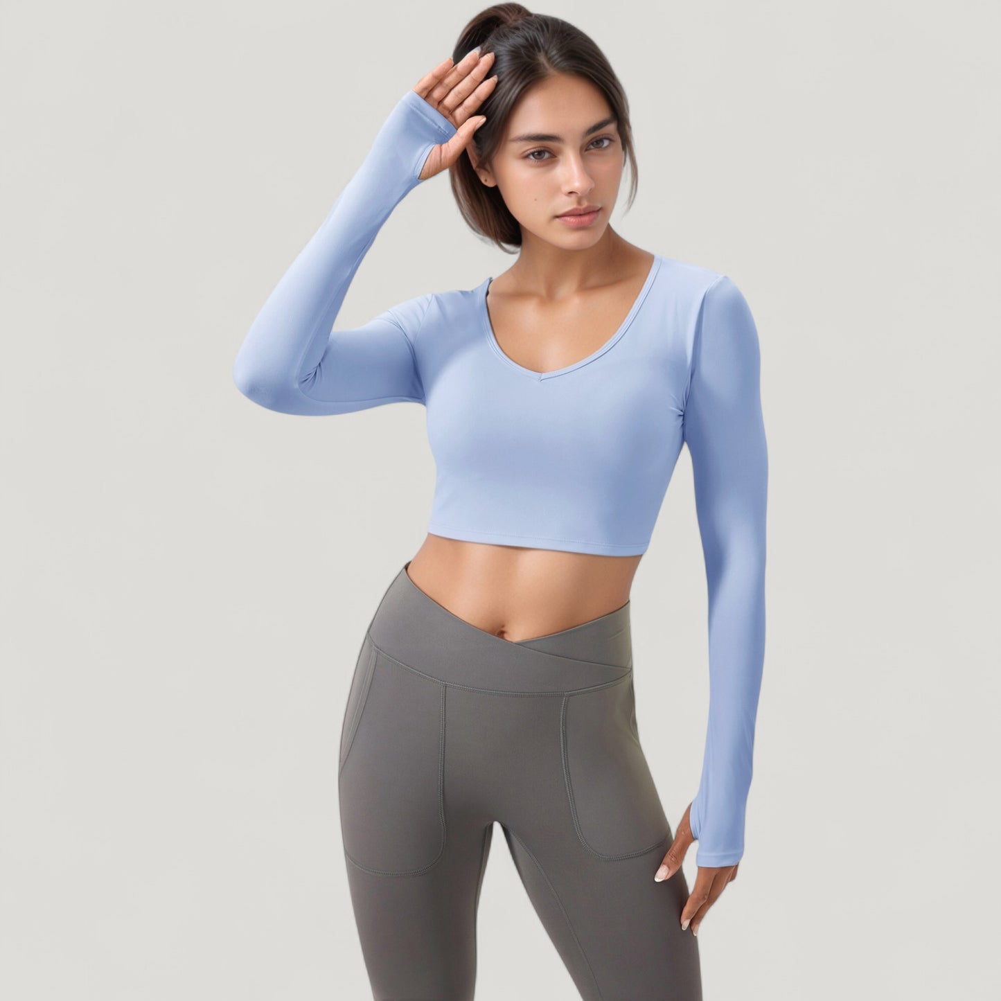 Long Sleeve V-Neck Cropped Active Top with Thumbhole Cuffs and Stretch Fit for Workouts