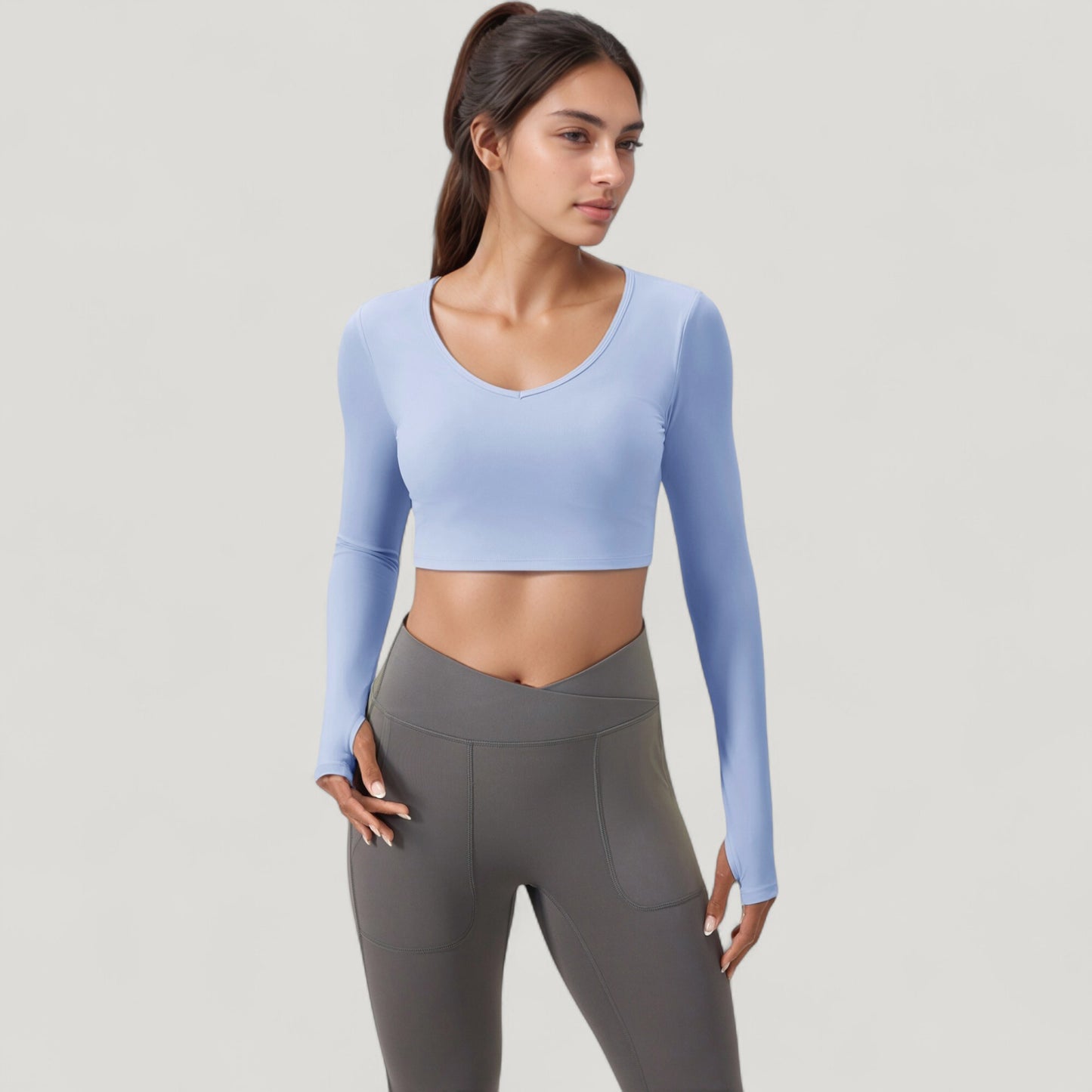 Long Sleeve V-Neck Cropped Active Top with Thumbhole Cuffs and Stretch Fit for Workouts