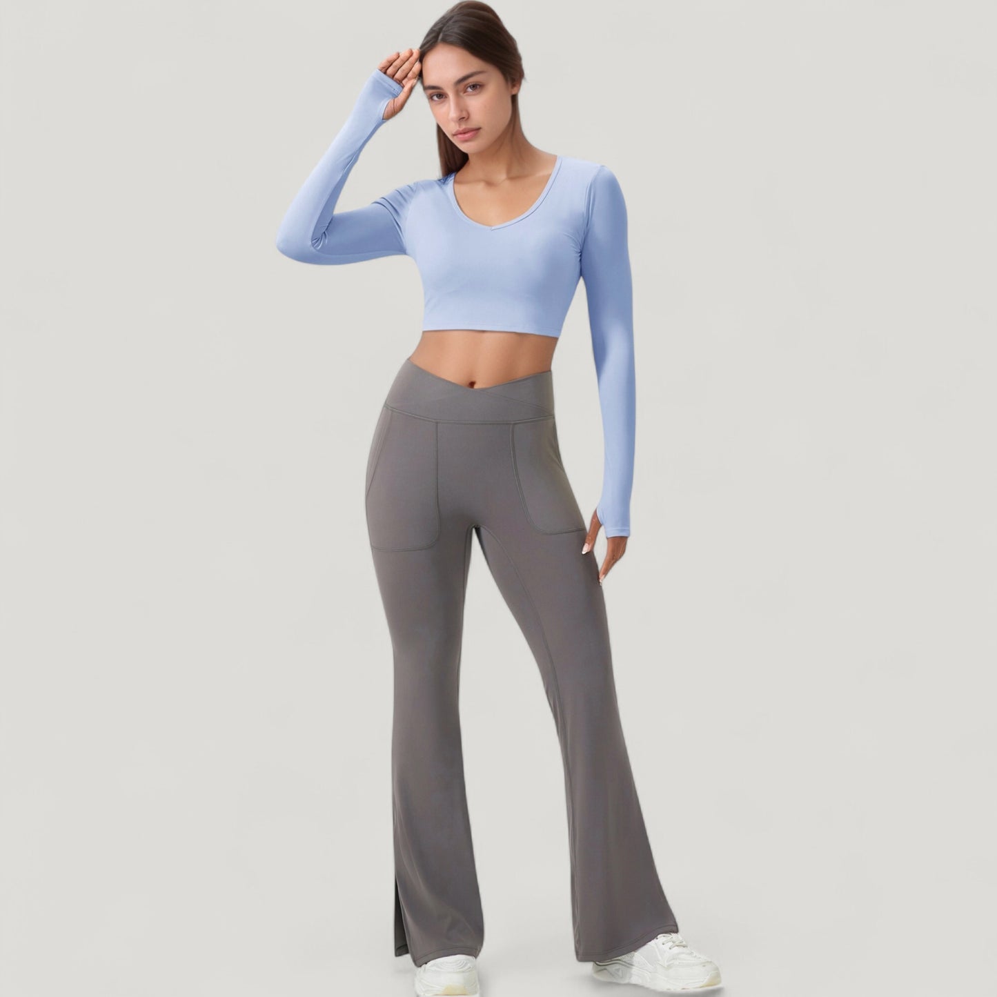 Long Sleeve V-Neck Cropped Active Top with Thumbhole Cuffs and Stretch Fit for Workouts