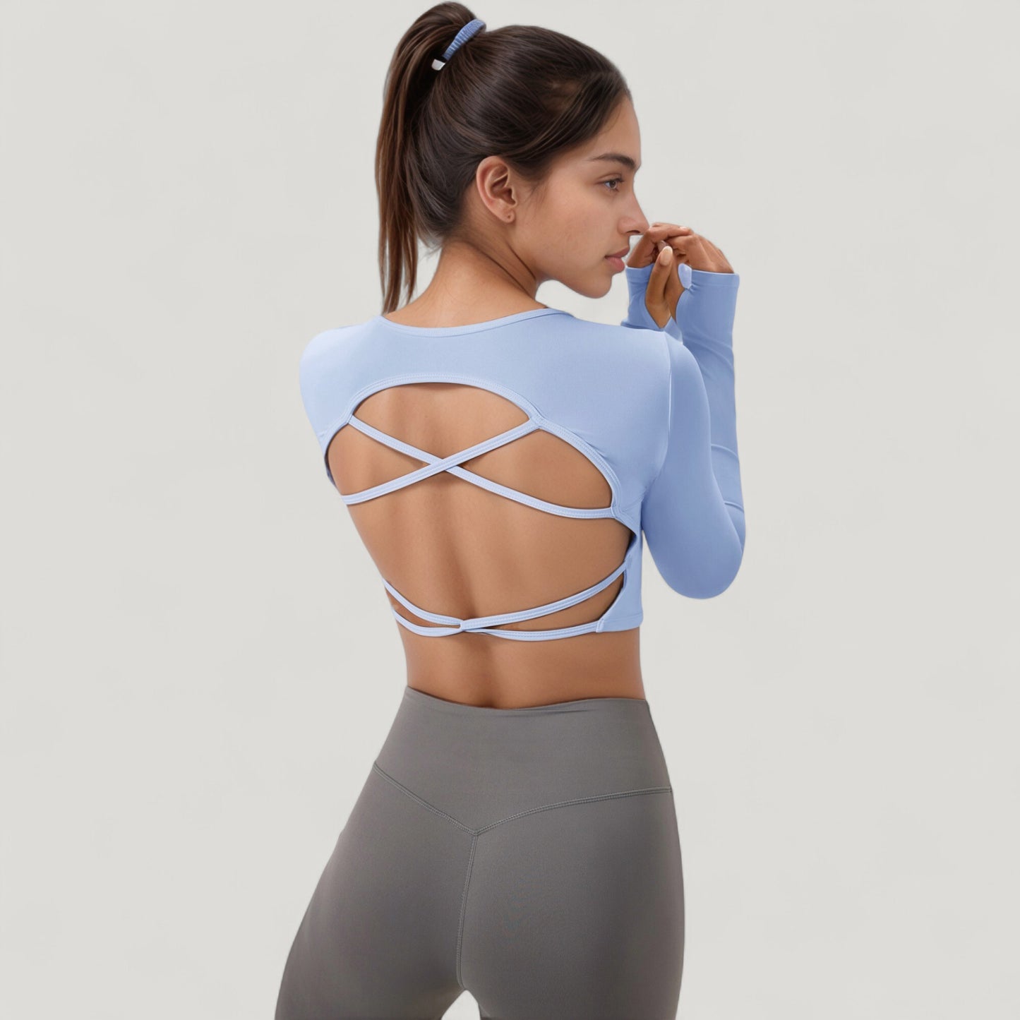 Long Sleeve V-Neck Cropped Active Top with Thumbhole Cuffs and Stretch Fit for Workouts