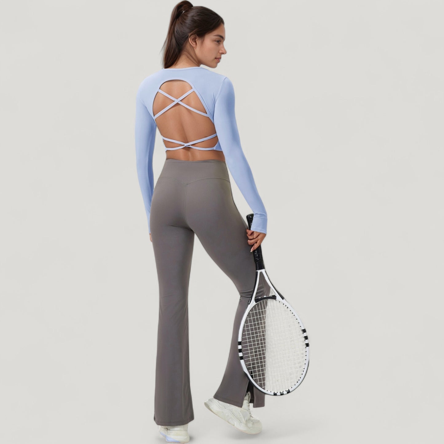 Long Sleeve V-Neck Cropped Active Top with Thumbhole Cuffs and Stretch Fit for Workouts