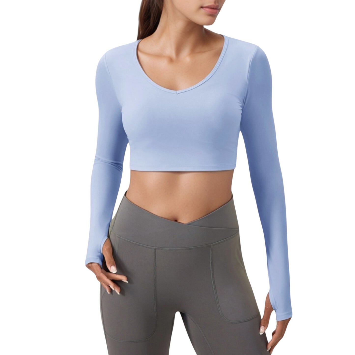 Long Sleeve V-Neck Cropped Active Top with Thumbhole Cuffs and Stretch Fit for Workouts