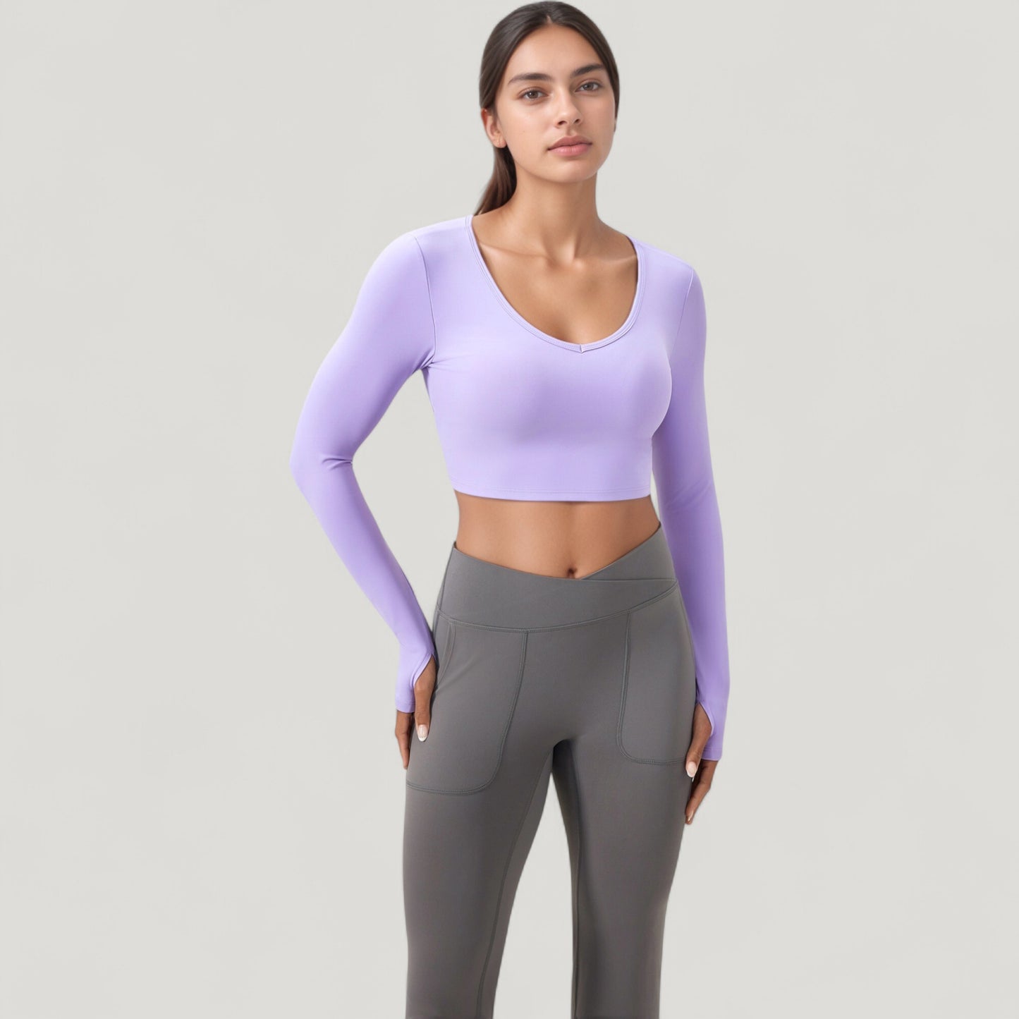 Long Sleeve V-Neck Cropped Active Top with Thumbhole Cuffs and Stretch Fit for Workouts