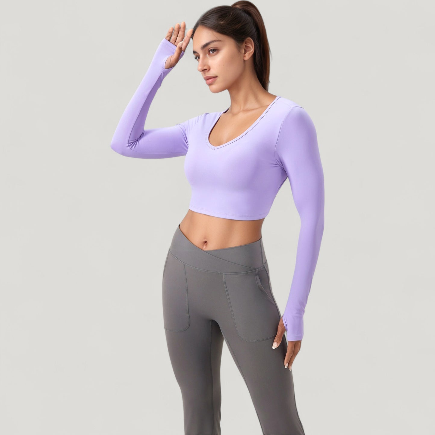 Long Sleeve V-Neck Cropped Active Top with Thumbhole Cuffs and Stretch Fit for Workouts