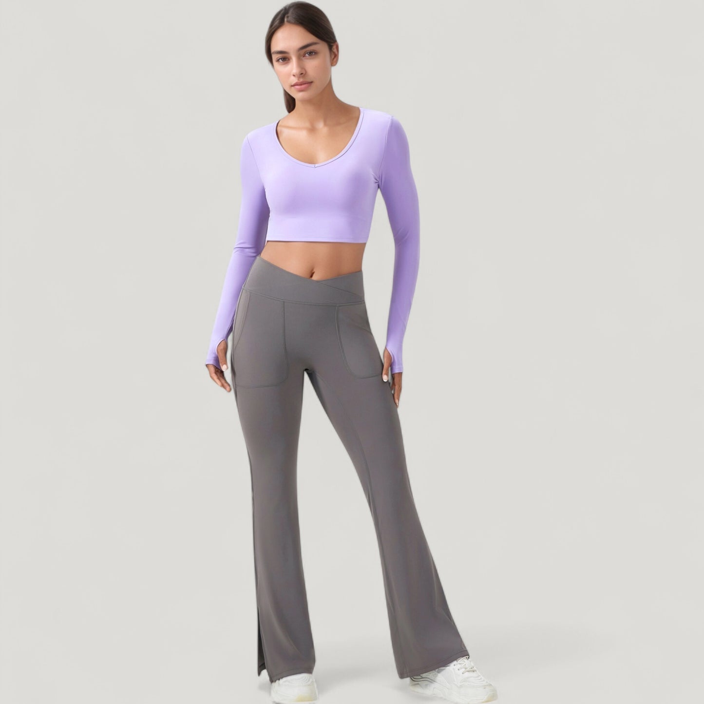 Long Sleeve V-Neck Cropped Active Top with Thumbhole Cuffs and Stretch Fit for Workouts