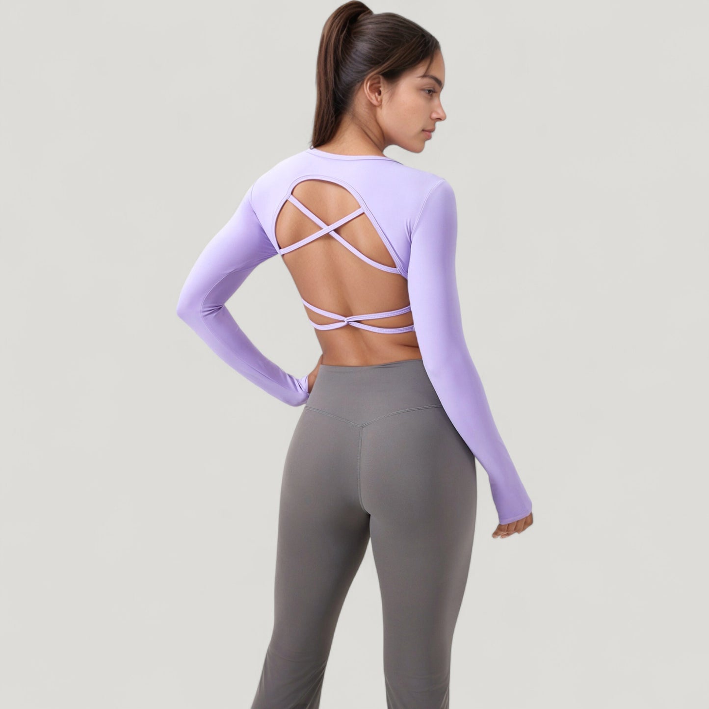 Long Sleeve V-Neck Cropped Active Top with Thumbhole Cuffs and Stretch Fit for Workouts