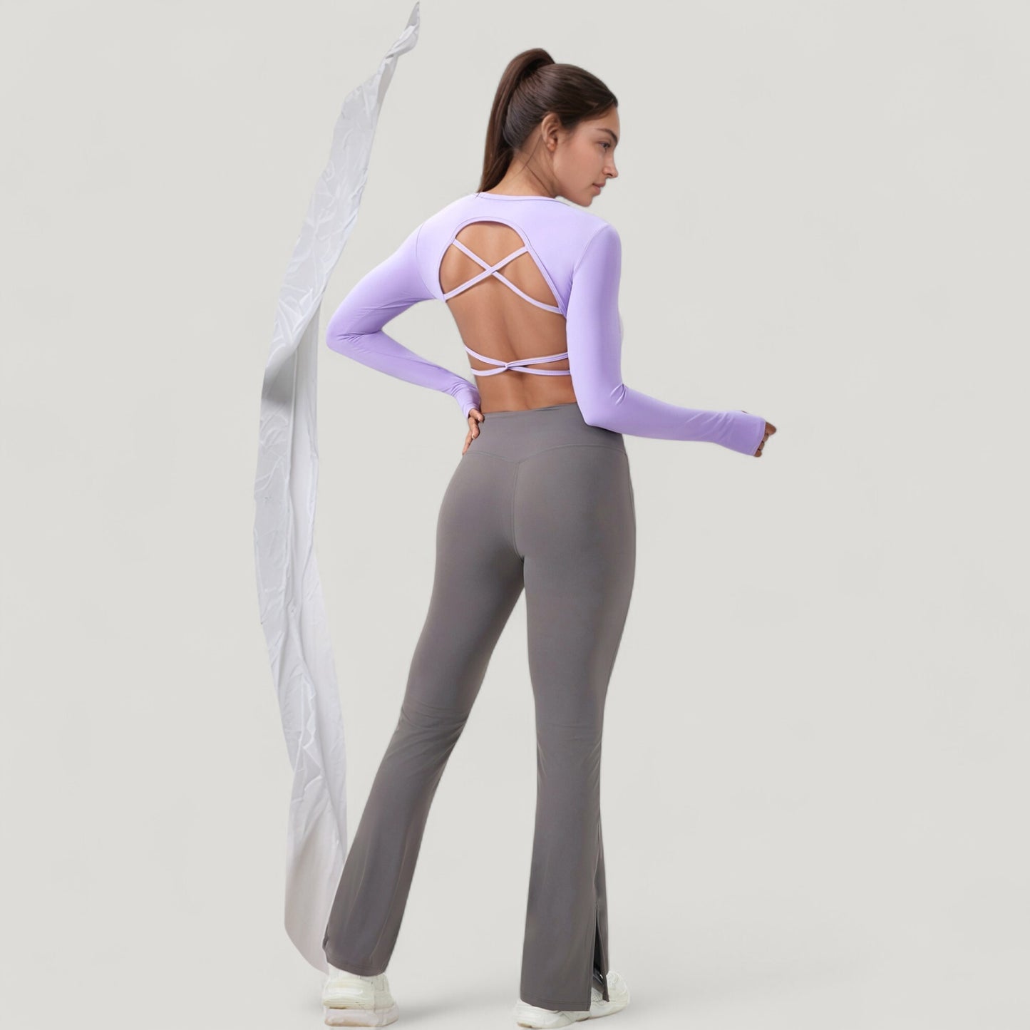Long Sleeve V-Neck Cropped Active Top with Thumbhole Cuffs and Stretch Fit for Workouts