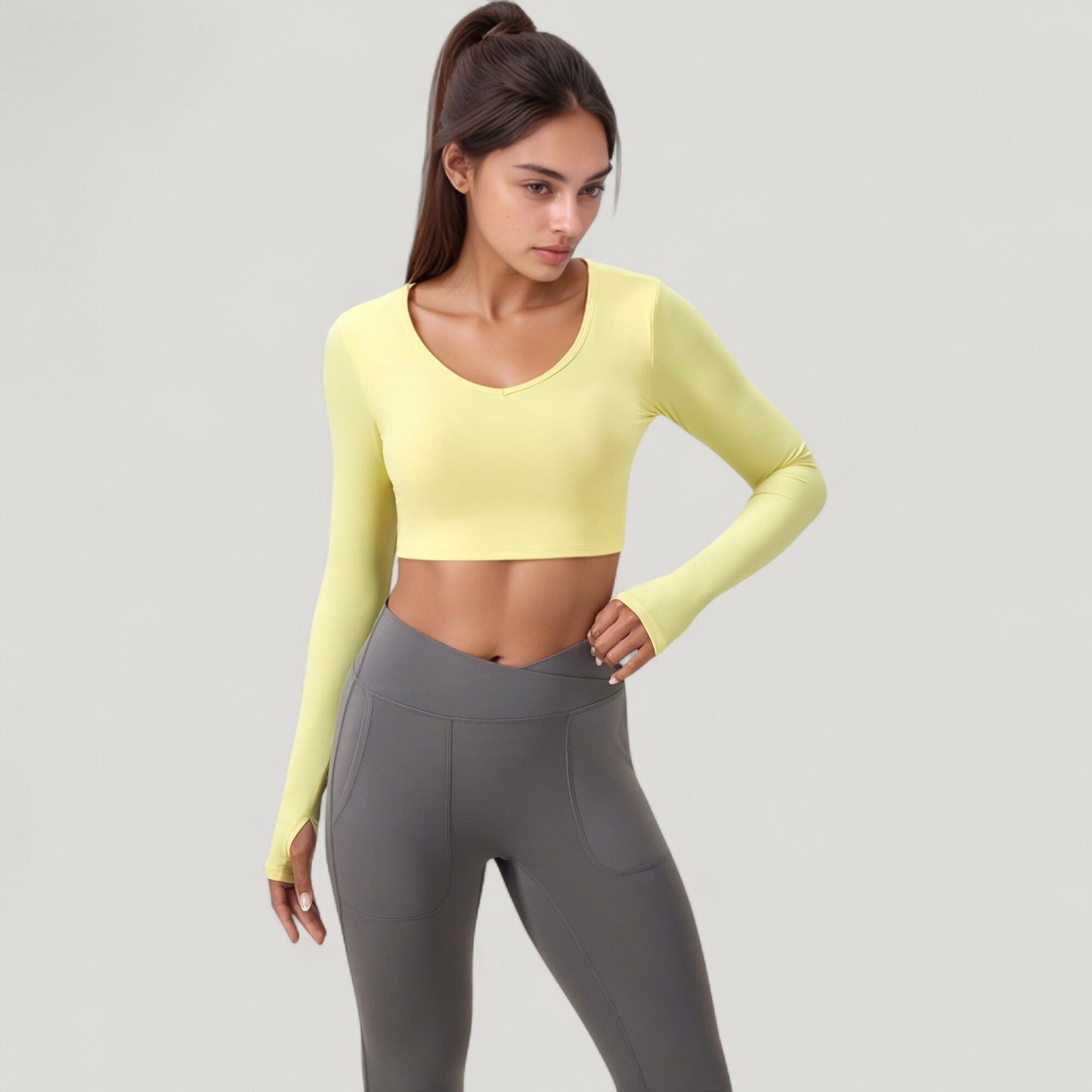 Long Sleeve V-Neck Cropped Active Top with Thumbhole Cuffs and Stretch Fit for Workouts