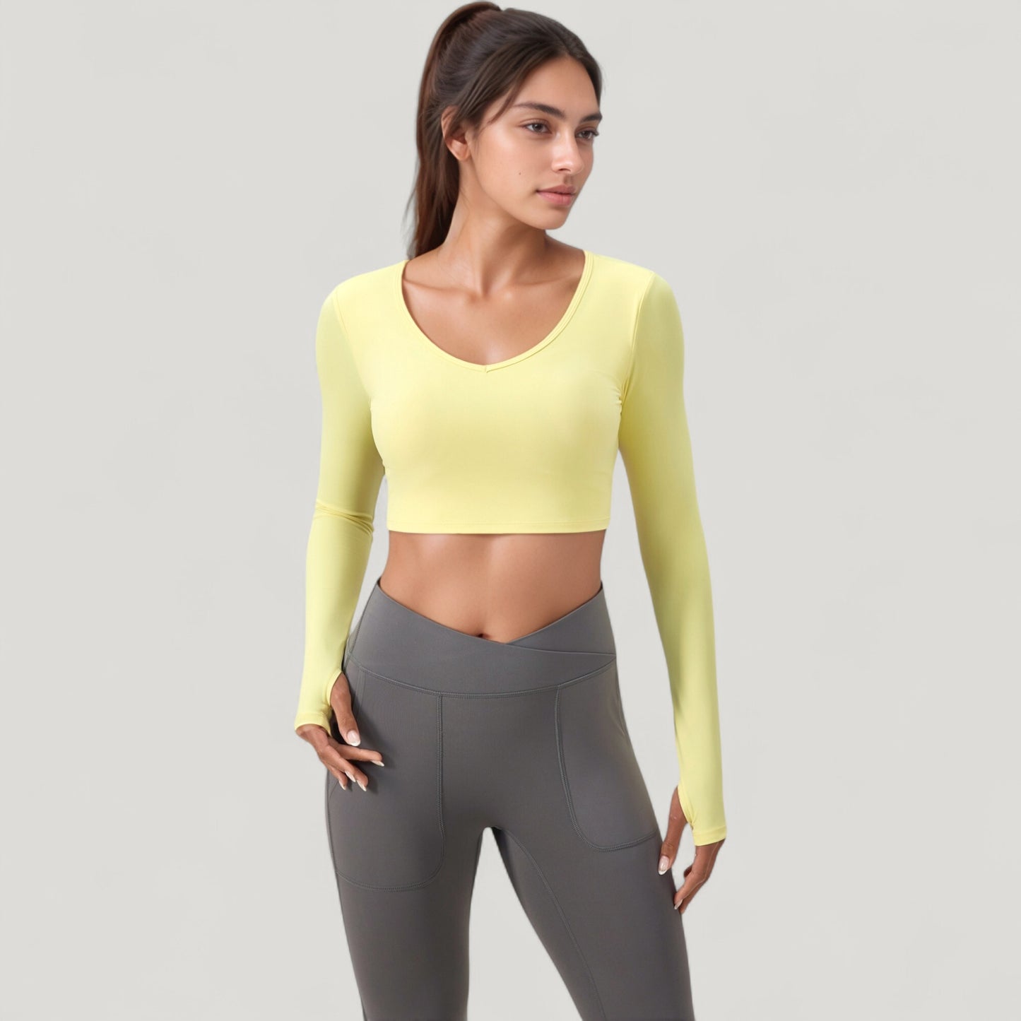 Long Sleeve V-Neck Cropped Active Top with Thumbhole Cuffs and Stretch Fit for Workouts