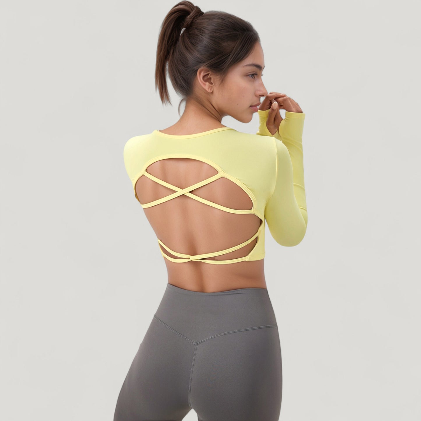 Long Sleeve V-Neck Cropped Active Top with Thumbhole Cuffs and Stretch Fit for Workouts