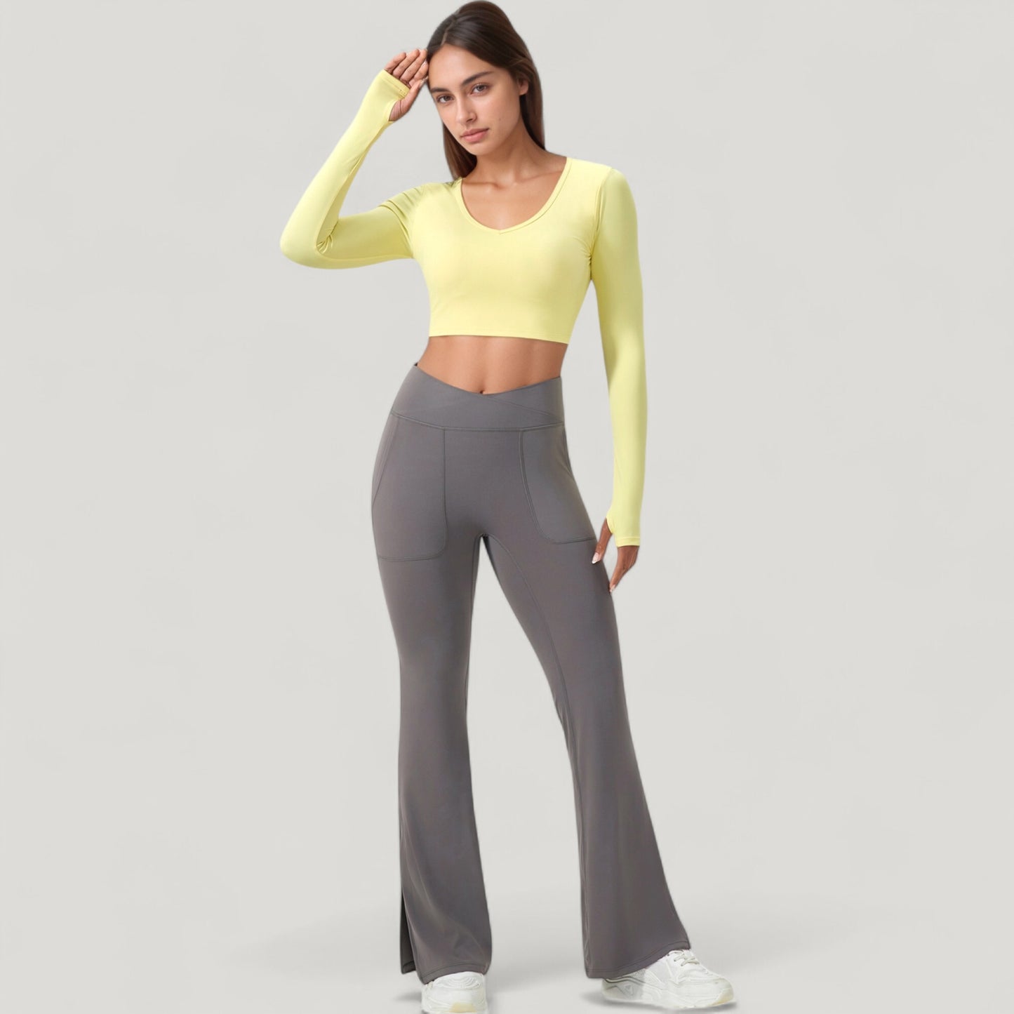 Long Sleeve V-Neck Cropped Active Top with Thumbhole Cuffs and Stretch Fit for Workouts
