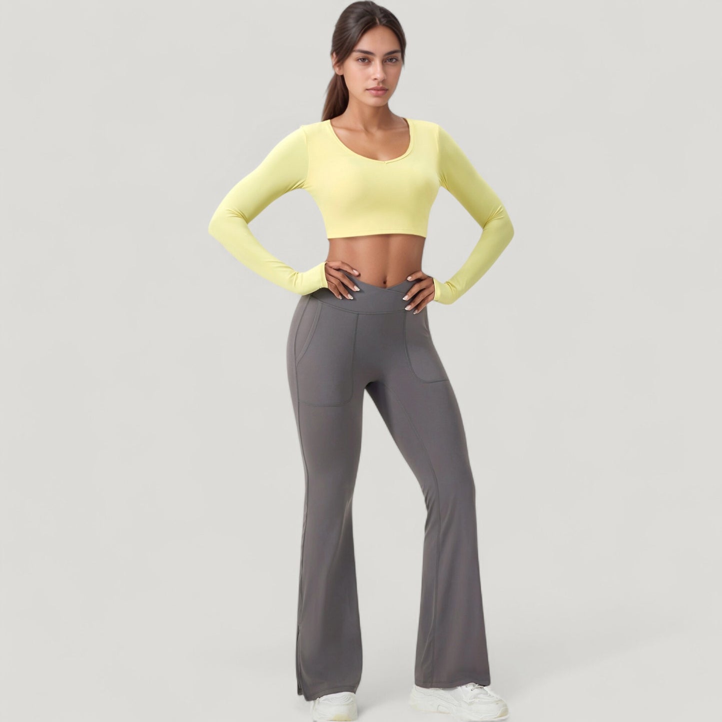 Long Sleeve V-Neck Cropped Active Top with Thumbhole Cuffs and Stretch Fit for Workouts