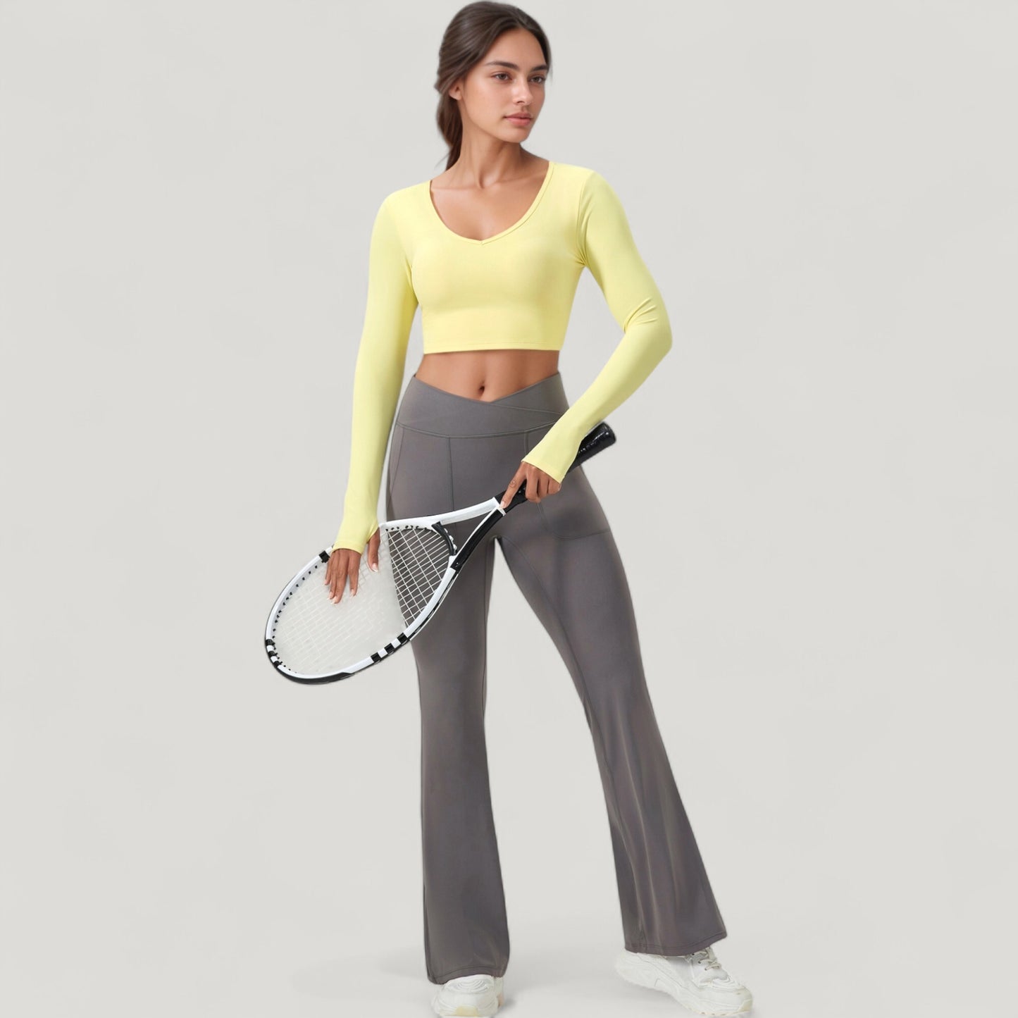 Long Sleeve V-Neck Cropped Active Top with Thumbhole Cuffs and Stretch Fit for Workouts