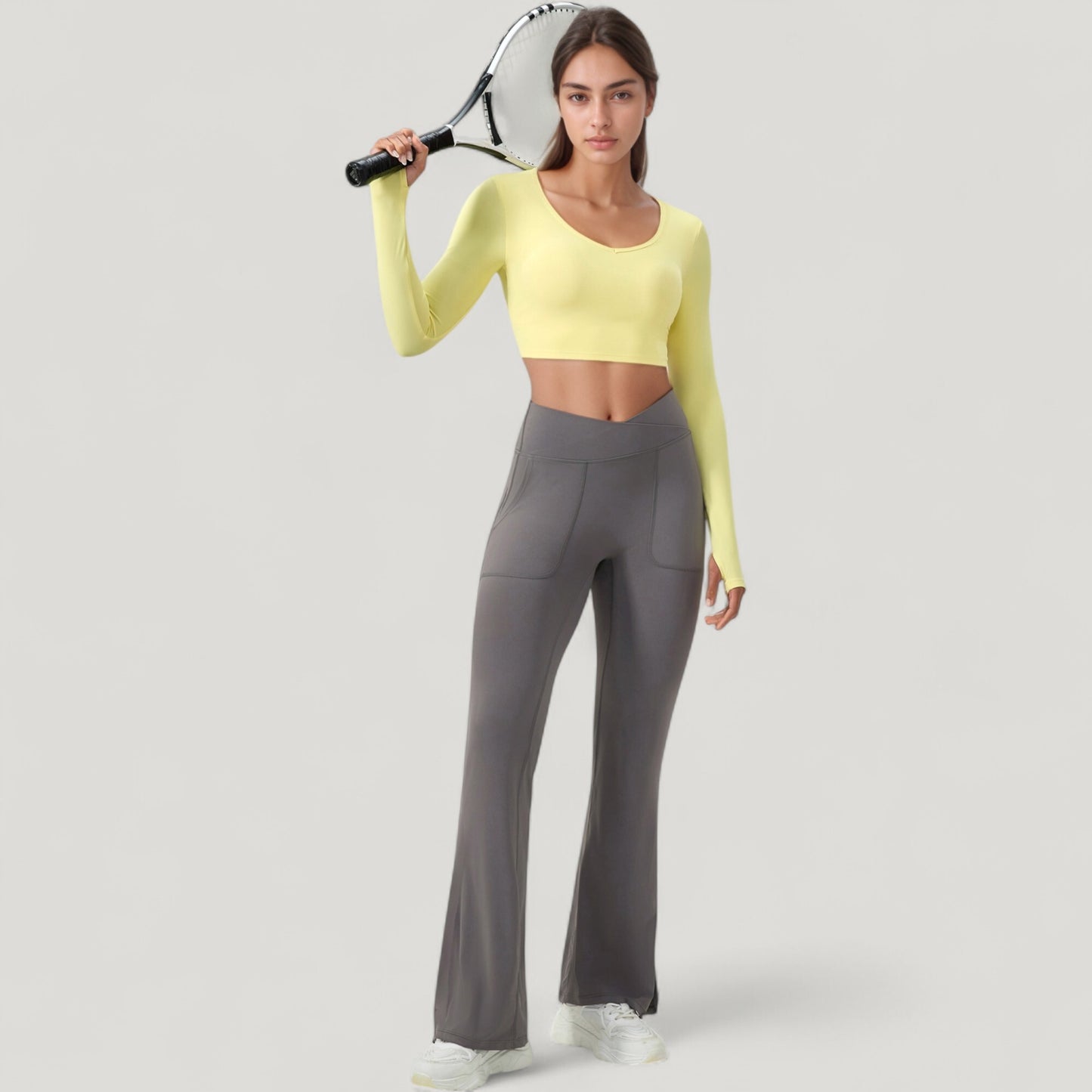 Long Sleeve V-Neck Cropped Active Top with Thumbhole Cuffs and Stretch Fit for Workouts