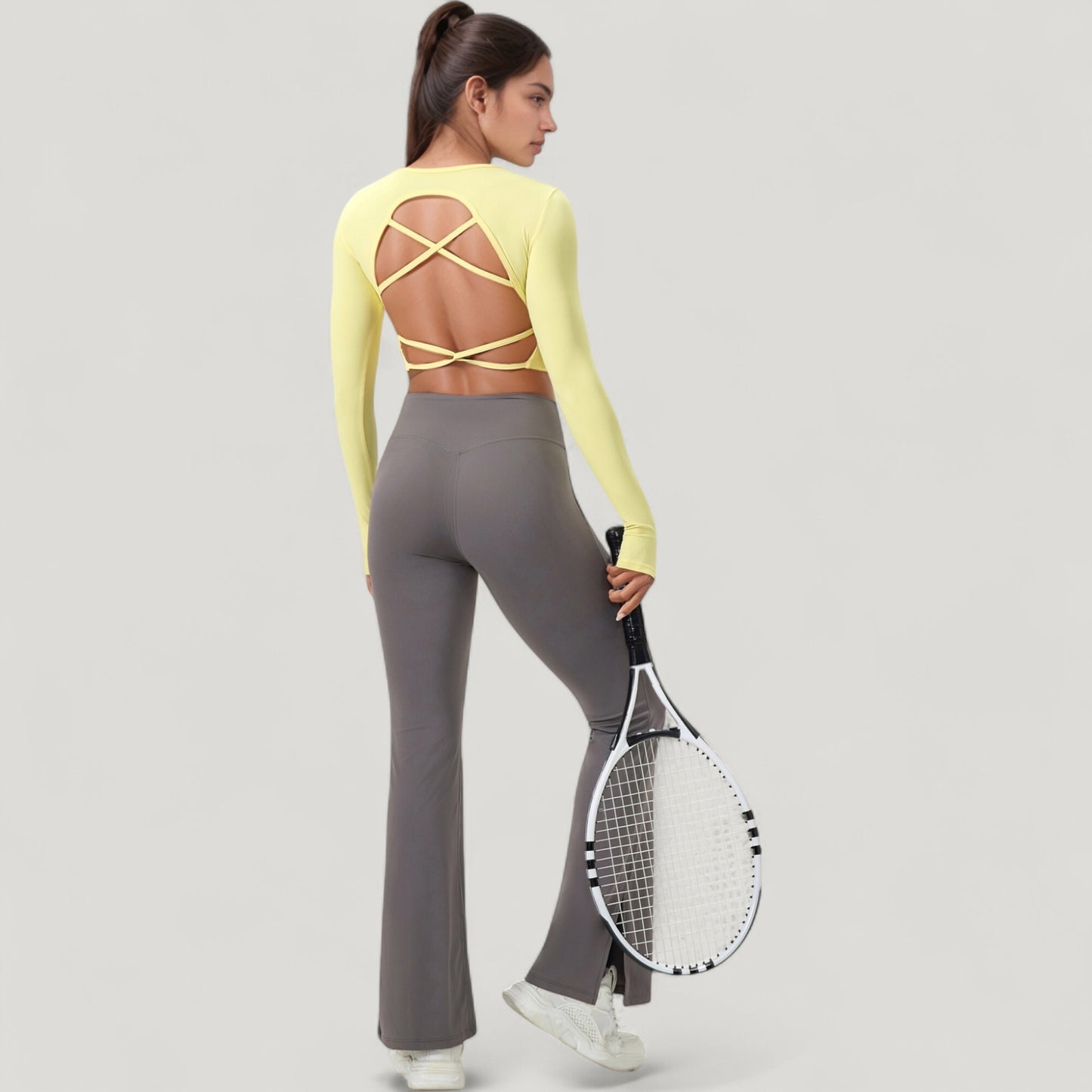 Long Sleeve V-Neck Cropped Active Top with Thumbhole Cuffs and Stretch Fit for Workouts