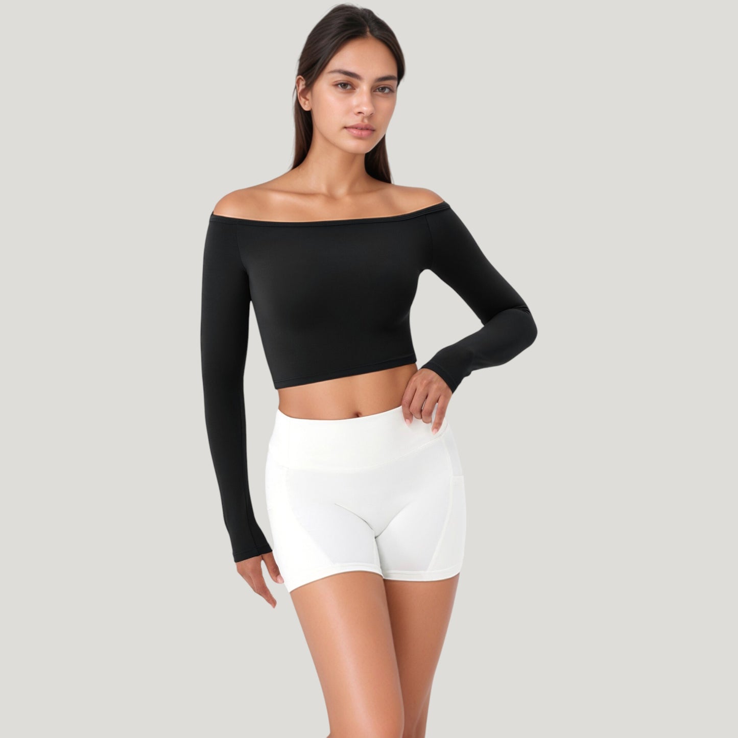 Off Shoulder Long Sleeve Activewear Crop Top with Streamlined Fit and Lightweight Stretch Fabric