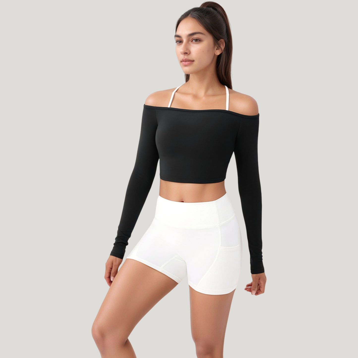 Off Shoulder Long Sleeve Activewear Crop Top with Streamlined Fit and Lightweight Stretch Fabric