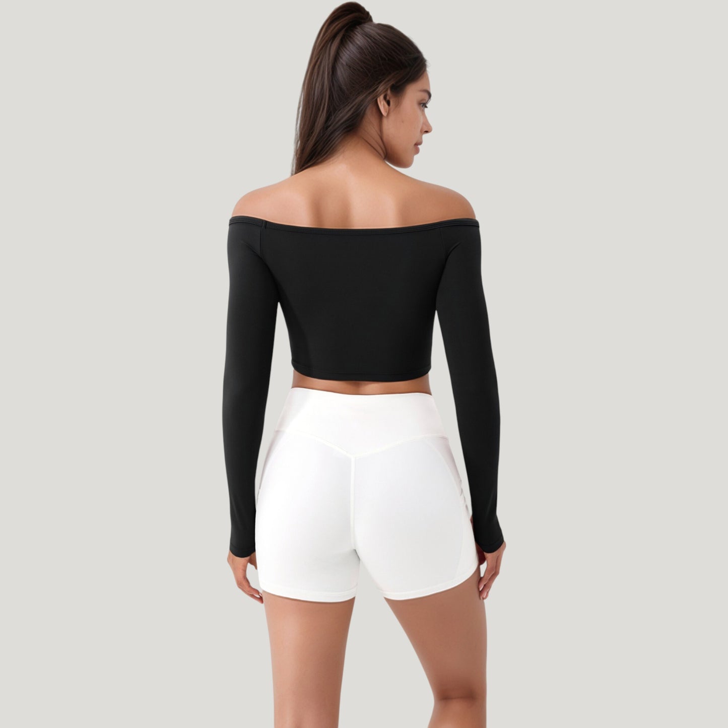Off Shoulder Long Sleeve Activewear Crop Top with Streamlined Fit and Lightweight Stretch Fabric