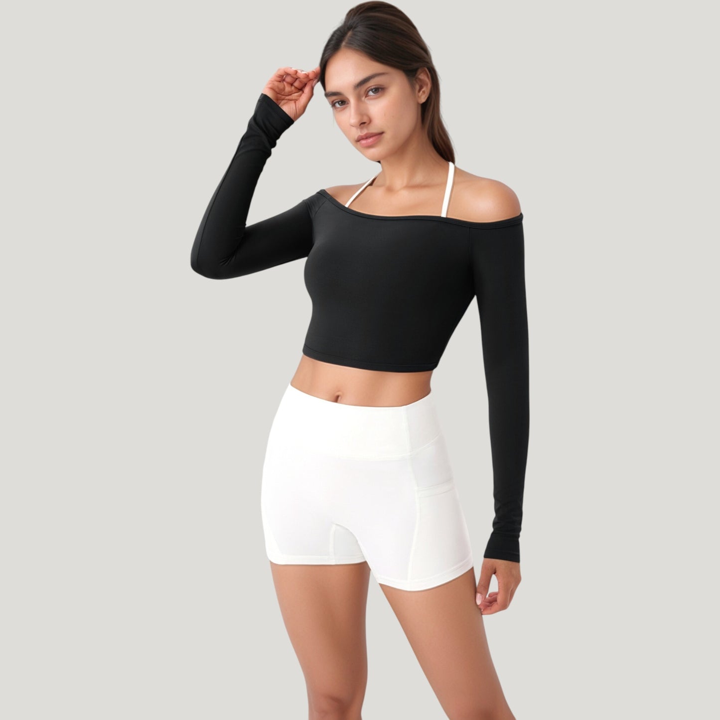 Off Shoulder Long Sleeve Activewear Crop Top with Streamlined Fit and Lightweight Stretch Fabric