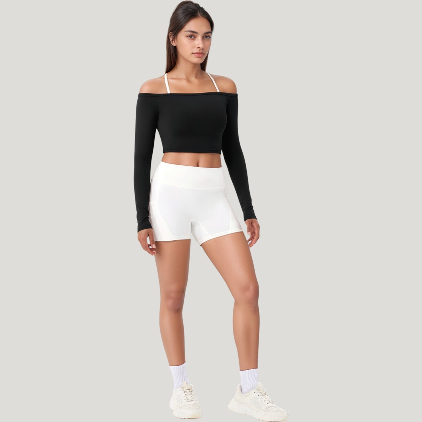 Off Shoulder Long Sleeve Activewear Crop Top with Streamlined Fit and Lightweight Stretch Fabric