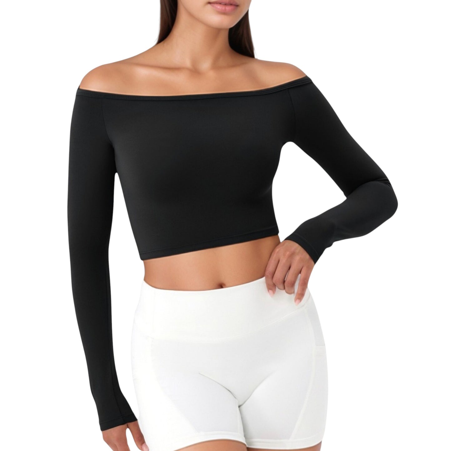 Off Shoulder Long Sleeve Activewear Crop Top with Streamlined Fit and Lightweight Stretch Fabric