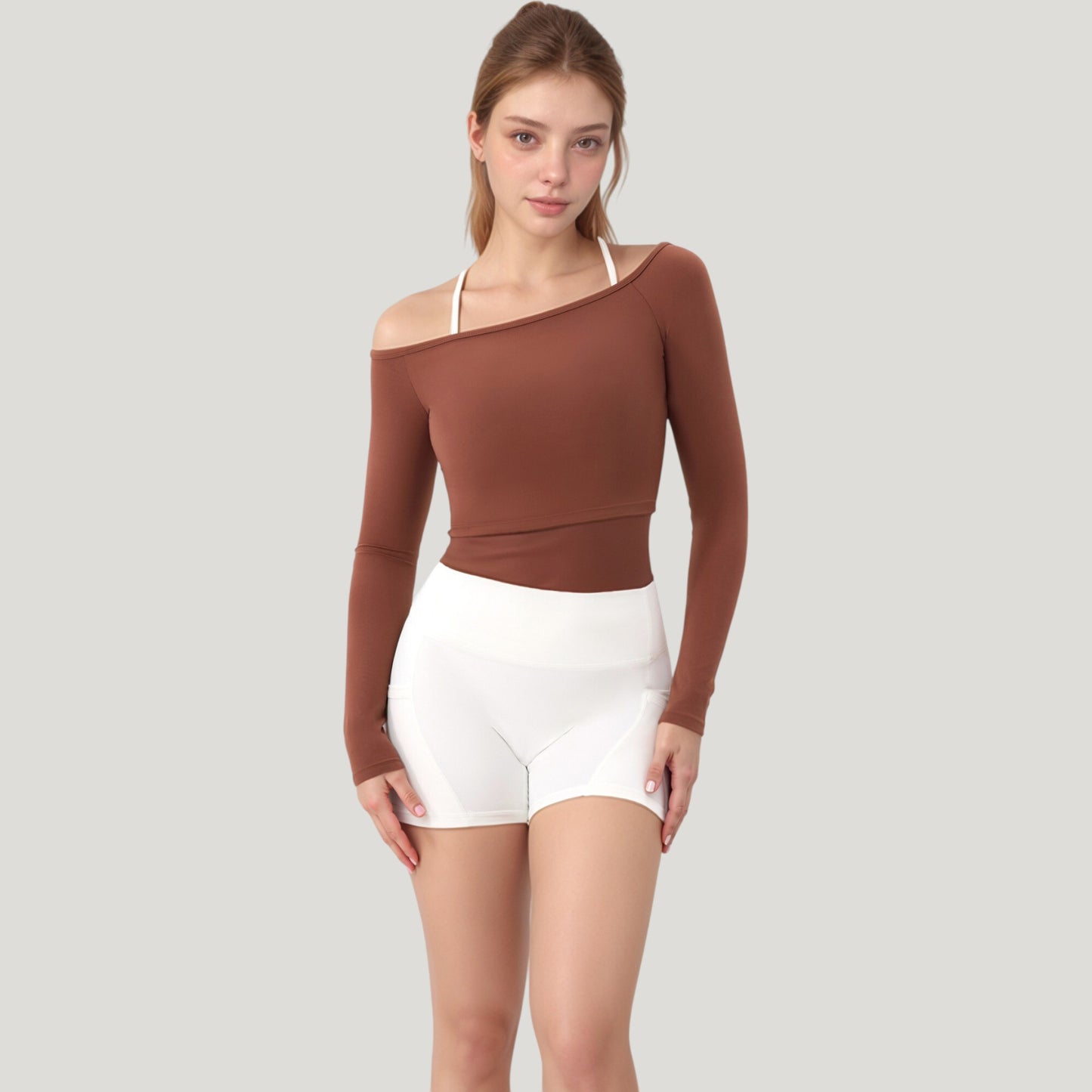Off Shoulder Long Sleeve Activewear Crop Top with Streamlined Fit and Lightweight Stretch Fabric