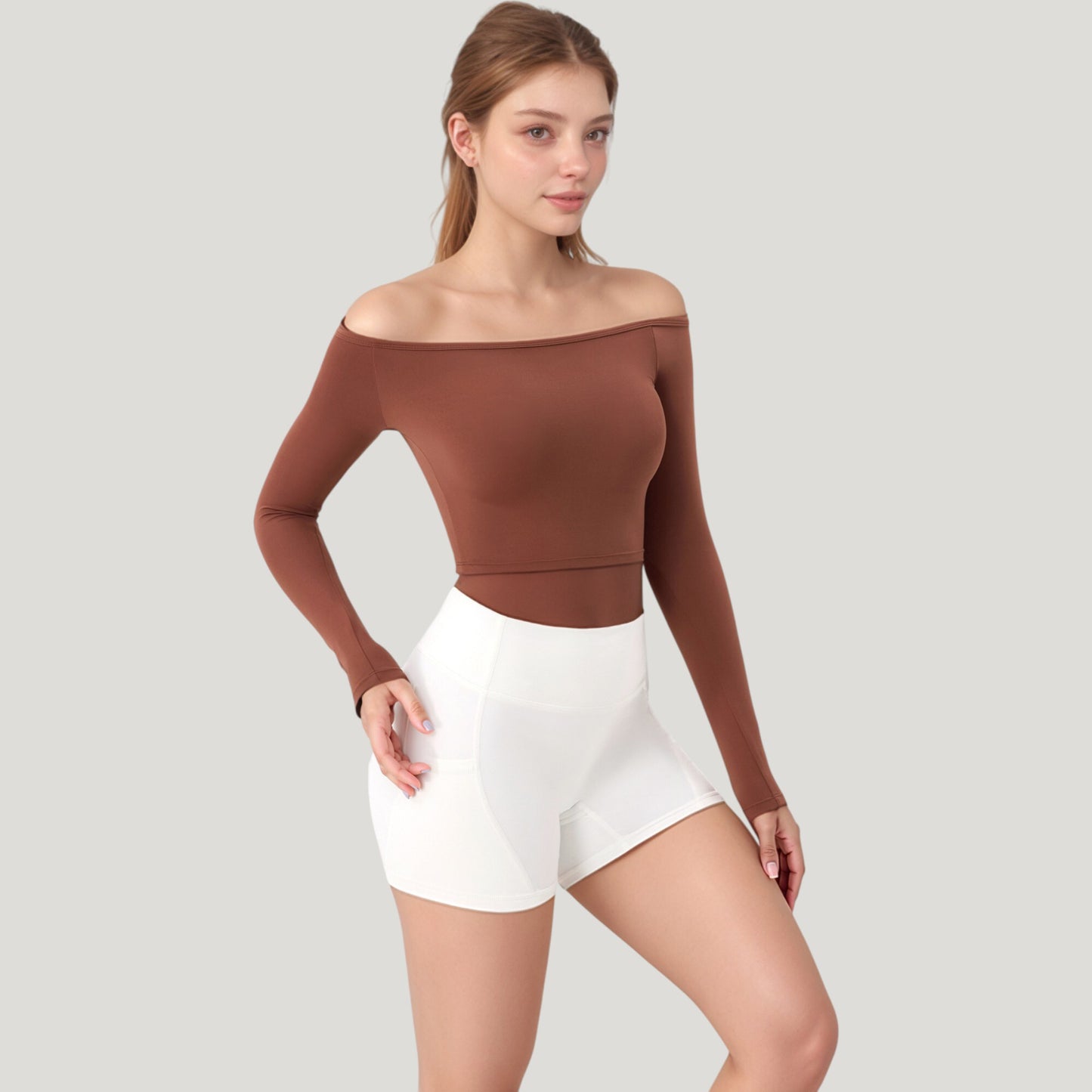 Off Shoulder Long Sleeve Activewear Crop Top with Streamlined Fit and Lightweight Stretch Fabric