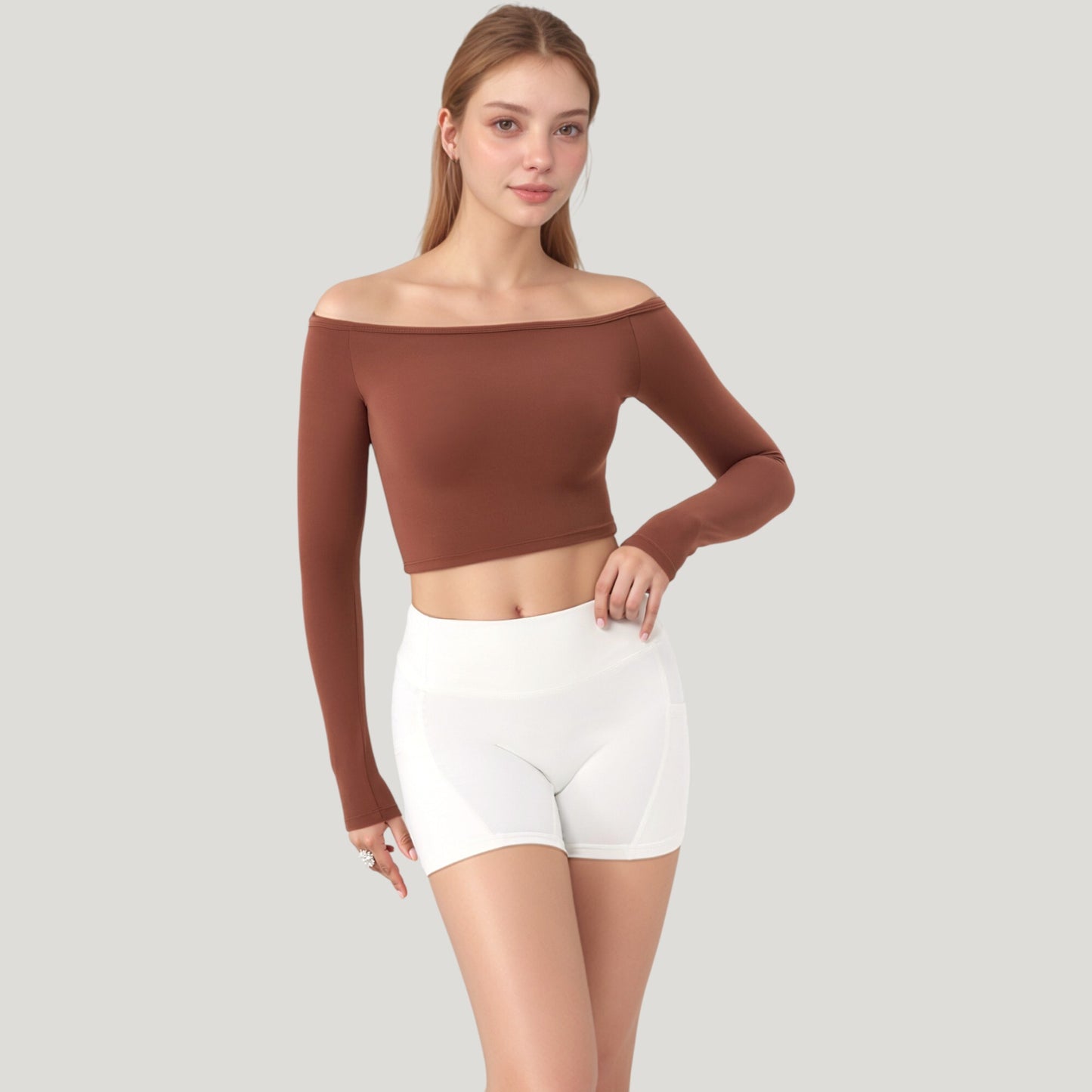 Off Shoulder Long Sleeve Activewear Crop Top with Streamlined Fit and Lightweight Stretch Fabric