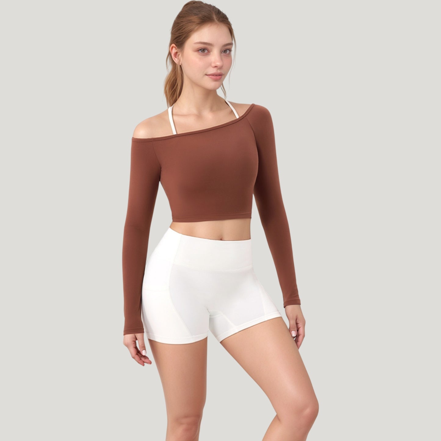 Off Shoulder Long Sleeve Activewear Crop Top with Streamlined Fit and Lightweight Stretch Fabric
