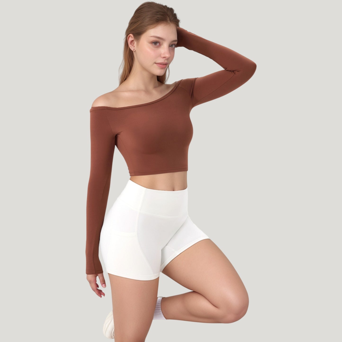 Off Shoulder Long Sleeve Activewear Crop Top with Streamlined Fit and Lightweight Stretch Fabric