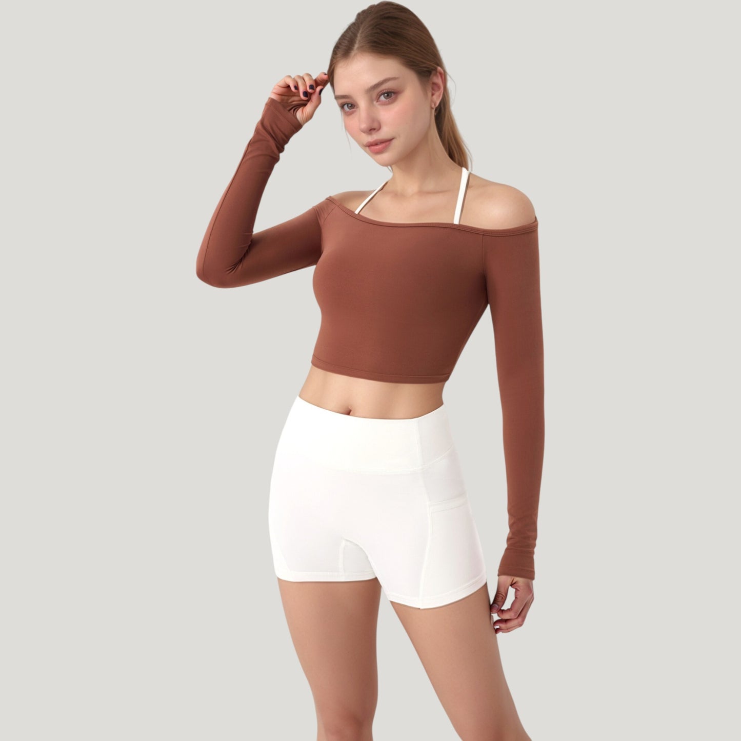 Off Shoulder Long Sleeve Activewear Crop Top with Streamlined Fit and Lightweight Stretch Fabric