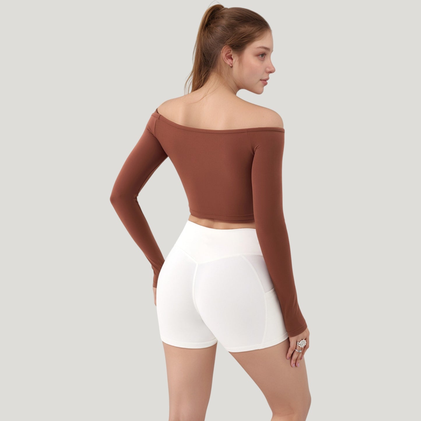 Off Shoulder Long Sleeve Activewear Crop Top with Streamlined Fit and Lightweight Stretch Fabric