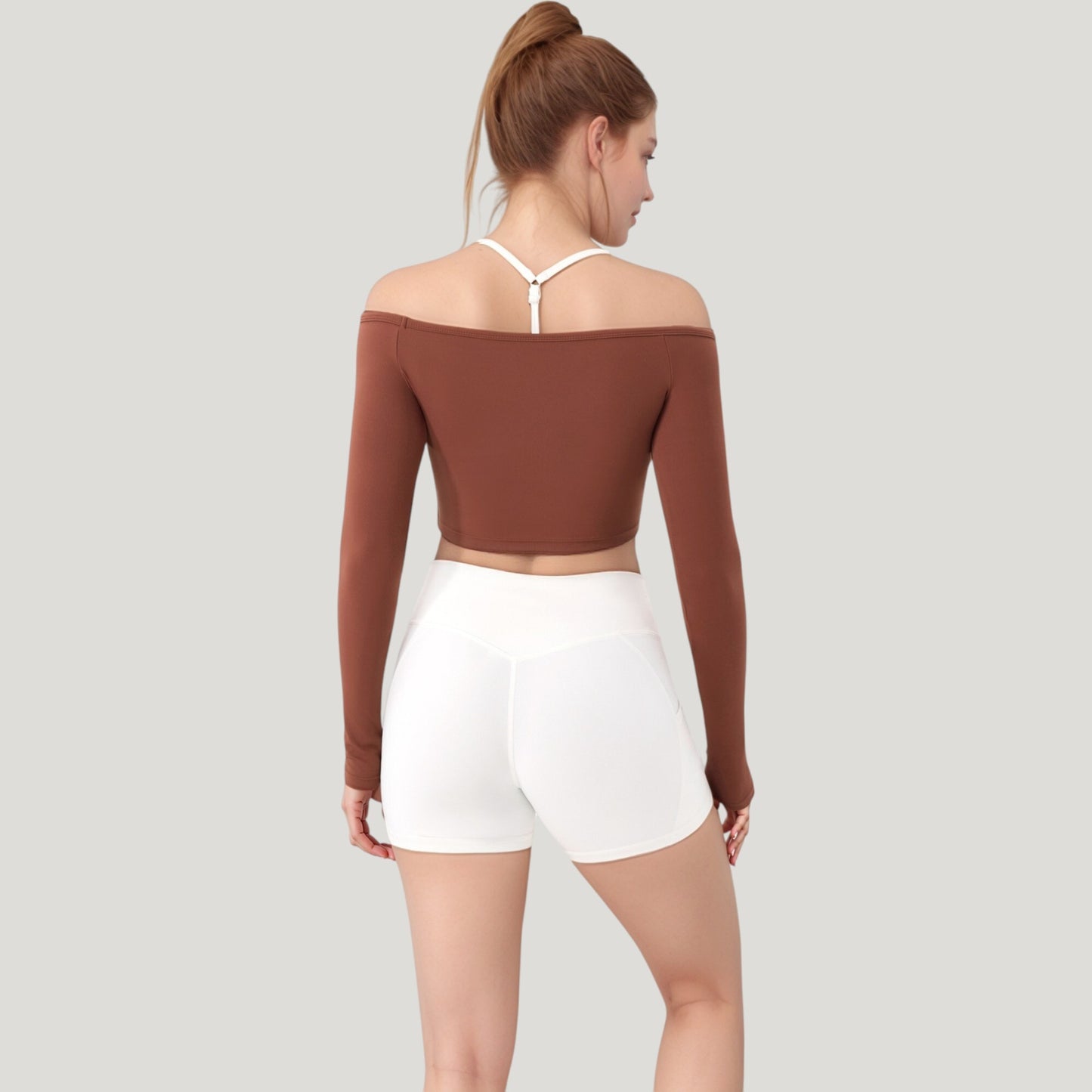Off Shoulder Long Sleeve Activewear Crop Top with Streamlined Fit and Lightweight Stretch Fabric