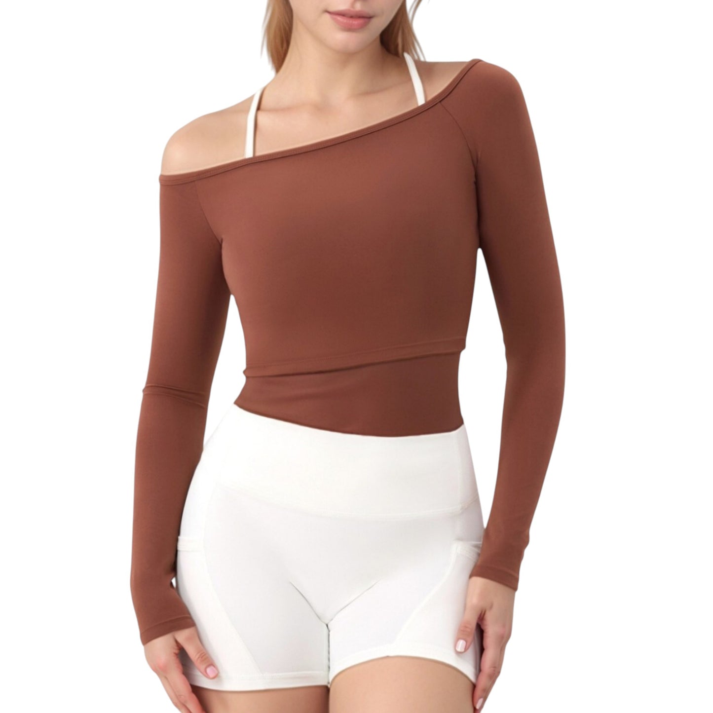 Off Shoulder Long Sleeve Activewear Crop Top with Streamlined Fit and Lightweight Stretch Fabric