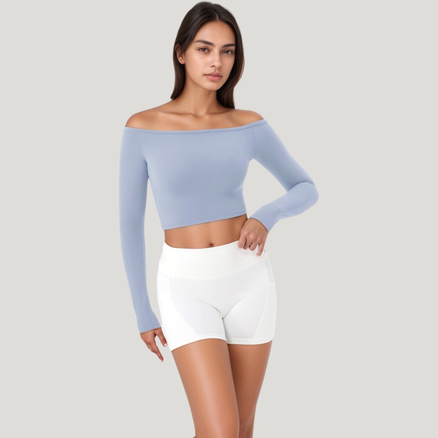 Off Shoulder Long Sleeve Activewear Crop Top with Streamlined Fit and Lightweight Stretch Fabric